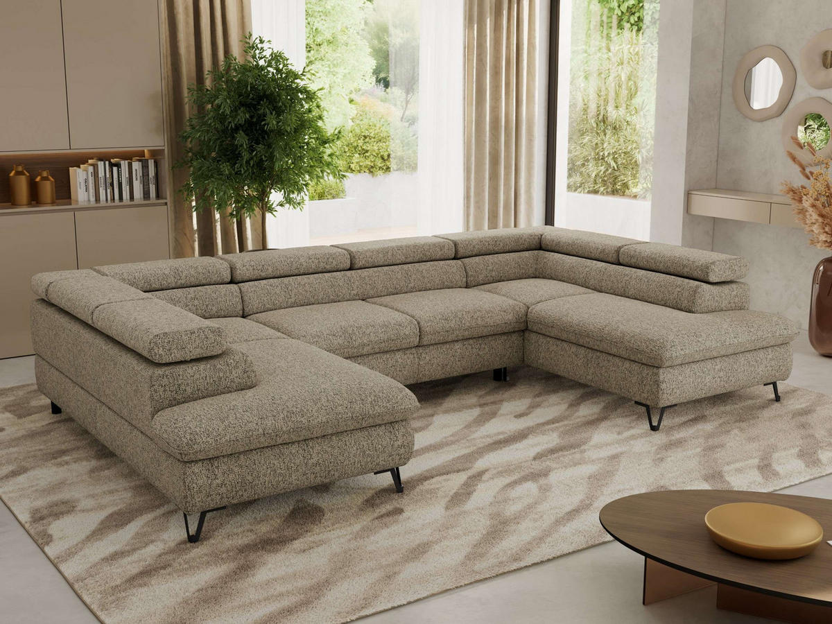 WOHNLANDSCHAFT PABLO U Strukture Dunkelbeige mit Topper T25 - Greige/Schwarz, Textil/Metall (346/76/208cm) - MKS