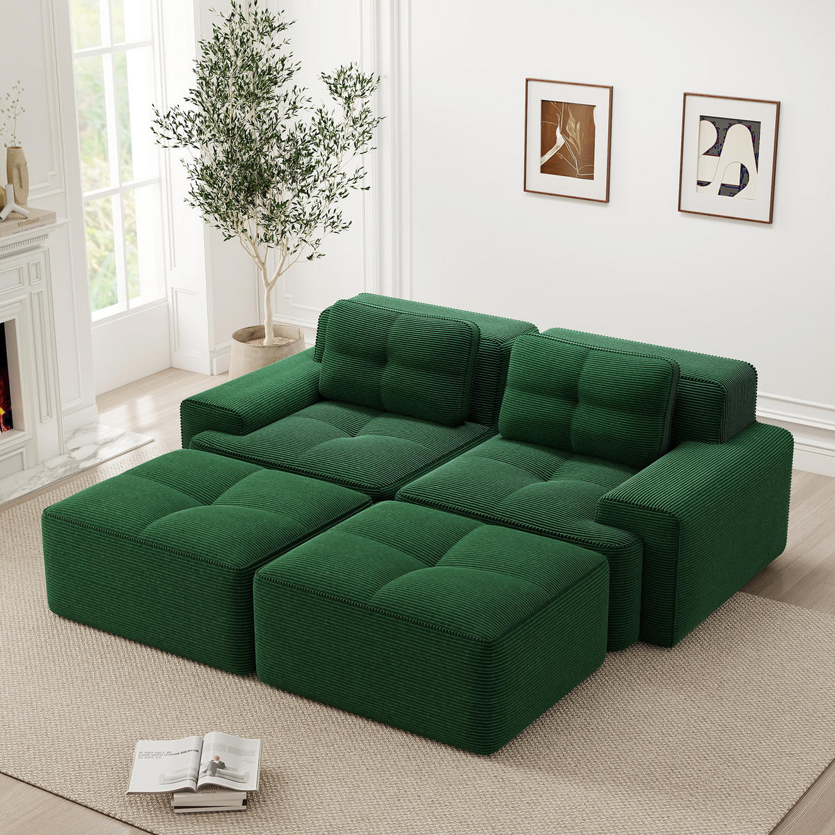 2-SITZER SOFA Cord Grün mit Ottoman - Grün, Textil (204/69/177cm) - WISHDOR