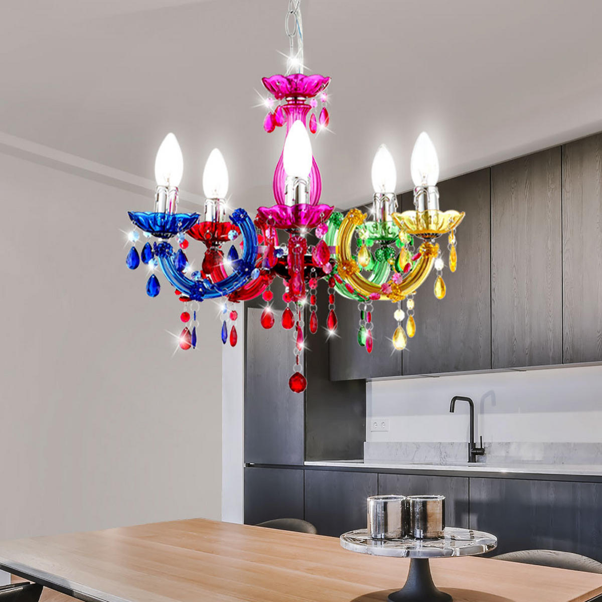 KRONLEUCHTER Kristalle Bunt 5-flammig - Multicolor, Metall (44/44/128cm) - Globo Lighting