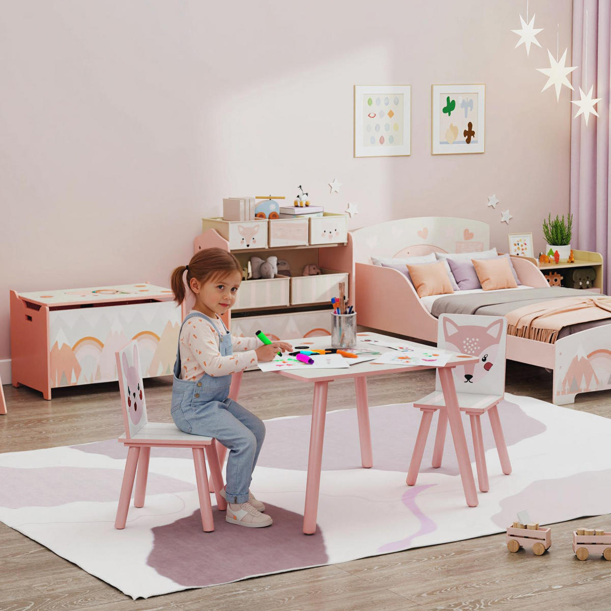 KINDERSITZGRUPPE DE-10380 Tisch und 2 Stühle mit Tiermotiv Rosa - Pink, Holzwerkstoff (60/44/60cm) - ComfortXL