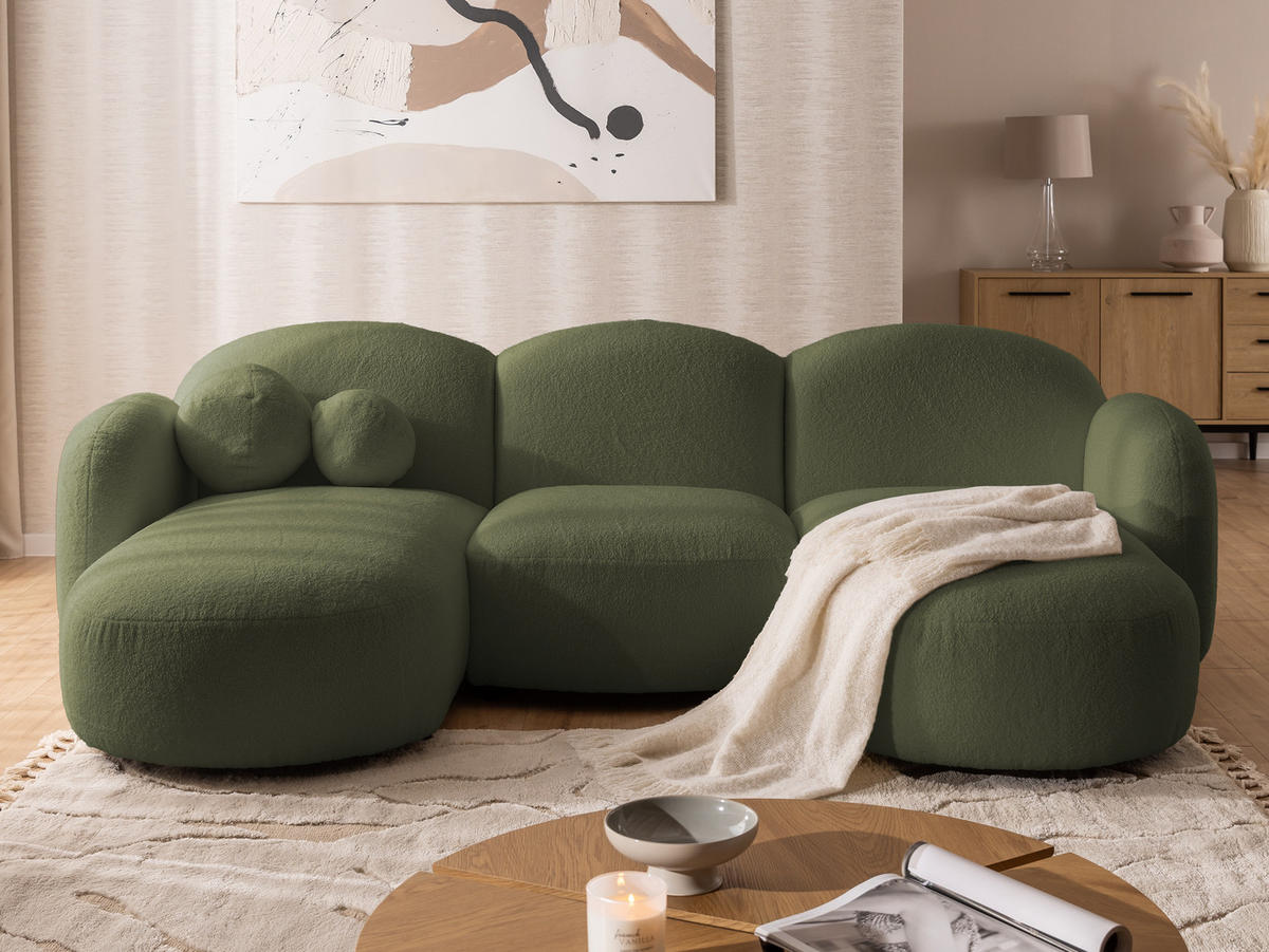 WOHNLANDSCHAFT Nuvola mit abgerundetem Design Grün Bouclé-Stoff - Schwarz/Grün, Holz/Kunststoff (268/80/146cm) - S-Style Möbel