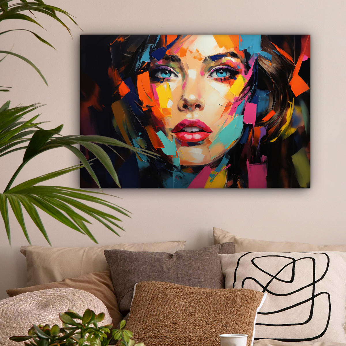 LEINWANDBILD Frau - Porträt - Farbenfroh - Kunst Wanddeko 90x60 cm - Multicolor, Textil (90/60cm) - MuchoWow