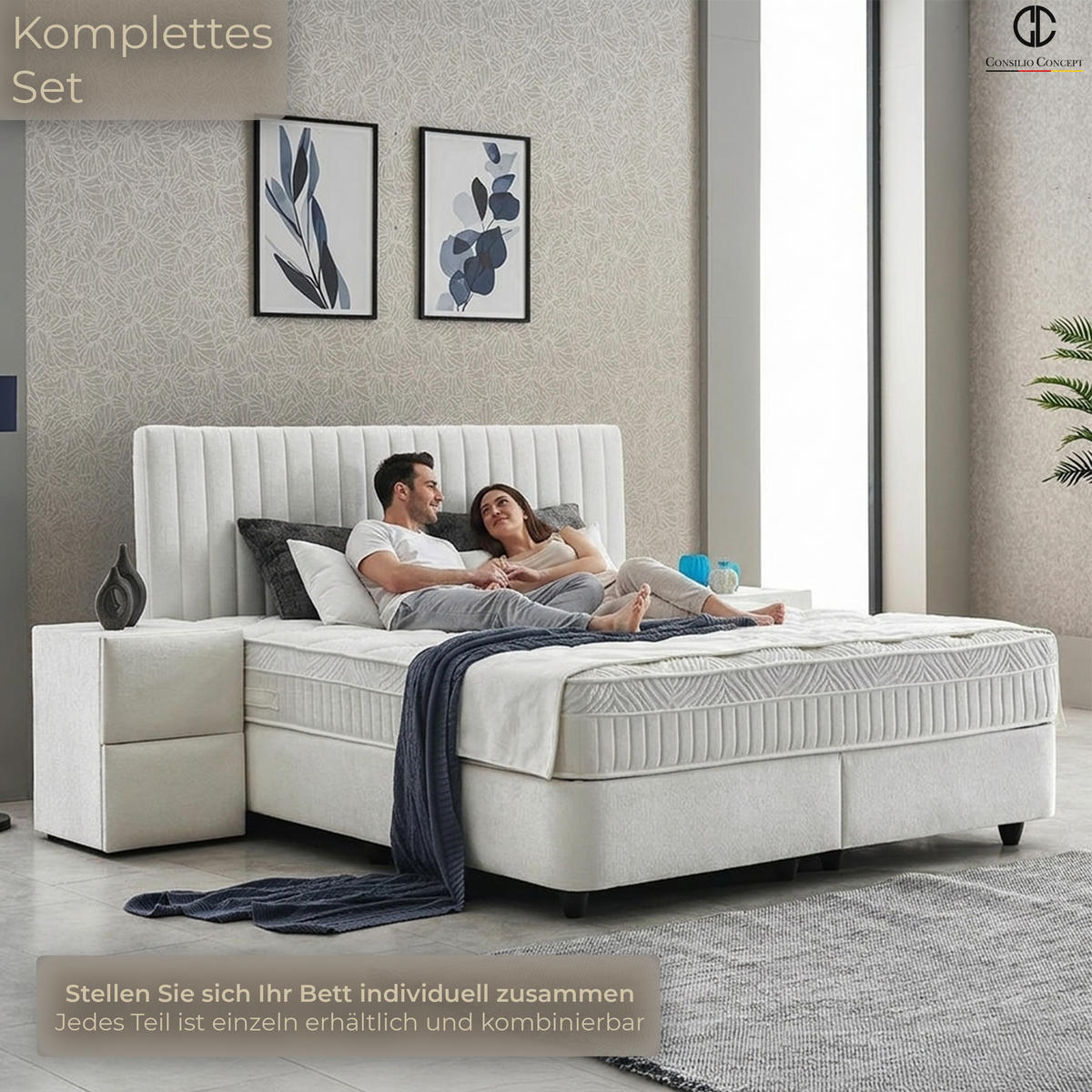 BOXSPRINGBETT MIT BETTKASTEN LYON 90/200 cm, Ivory, Bettkasten, Matratze, Topper integriert, H3 mittel - Creme/Schwarz, Holz/Kunststoff (90/200cm) - Consilio Concept
