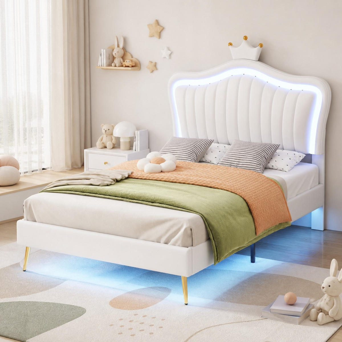 KINDERPOLSTERBETT 90/200 cm Muschel-Kronen-Kopfteil mit LED, Weiß, ohne Matratze - Weiß, Leder (90/200cm) - MIVRAY