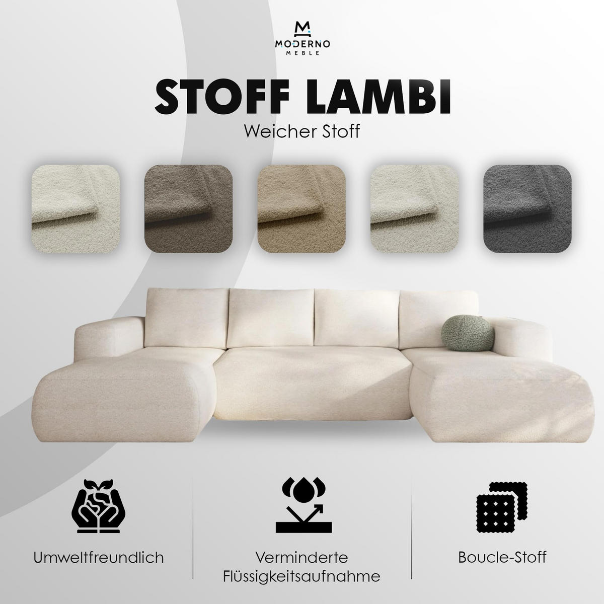 ECKSOFA LAMBI U, Wohnlandschaft U Form mit +3 Sitzen, Dunkel Creme - Lambi 08 - Ecru, Textil (340/89/114cm) - Moderno Meble