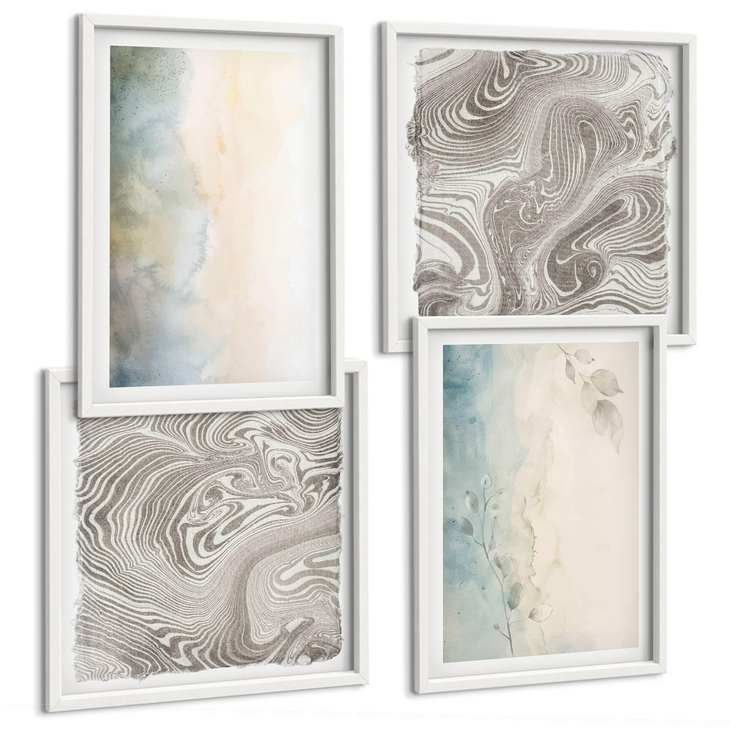 BILDER SET 4er Set - 50x50 cm & 40x60 cm Weißer Rahmen - Zarte Aquarellkartons - Weiß, Kunststoff (50/50cm) - TULUP