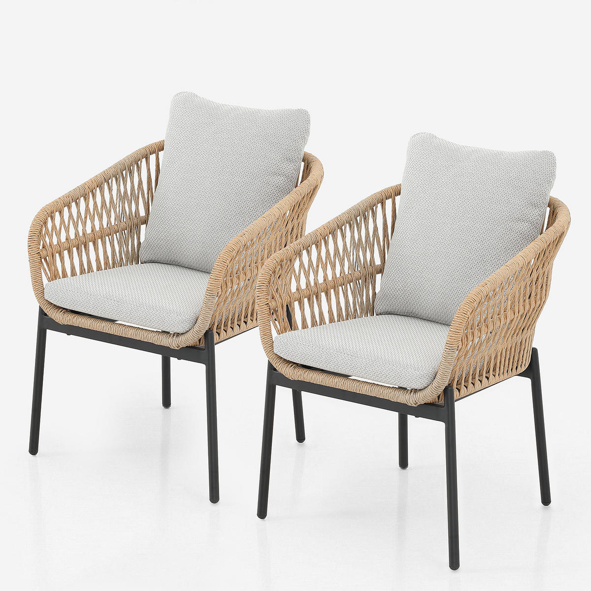 GARTENESSGRUPPE - 7-teilig - Aluminium / Polyrattan / Webstoff - Schwarz/Grau, Naturmaterialien/Textil - home24