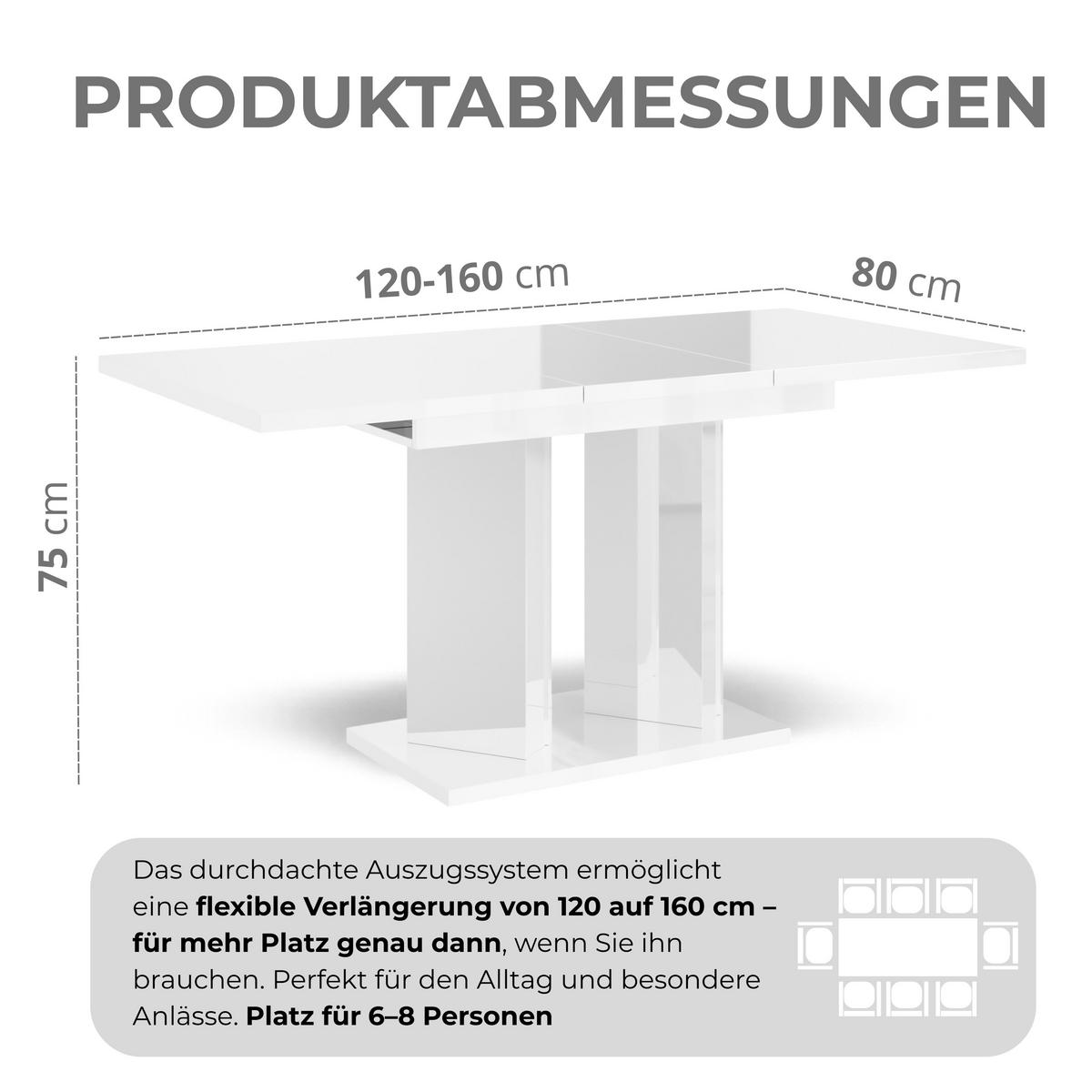 ESSTISCH ausziehbar in Weiß glänzend - Weiß, Holzwerkstoff (80/160/75cm) - Home Collective