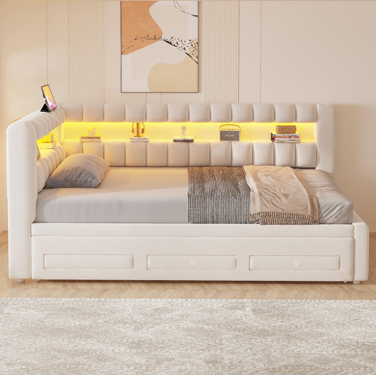 POLSTERBETT Schlafsofa aus Samt 90x190 cm Beige mit Ausziehbett, Stauraum, LED-Beleuchtung und USB-/Typ-C-Anschluss - Beige, Textil (90/190cm) - Modfu