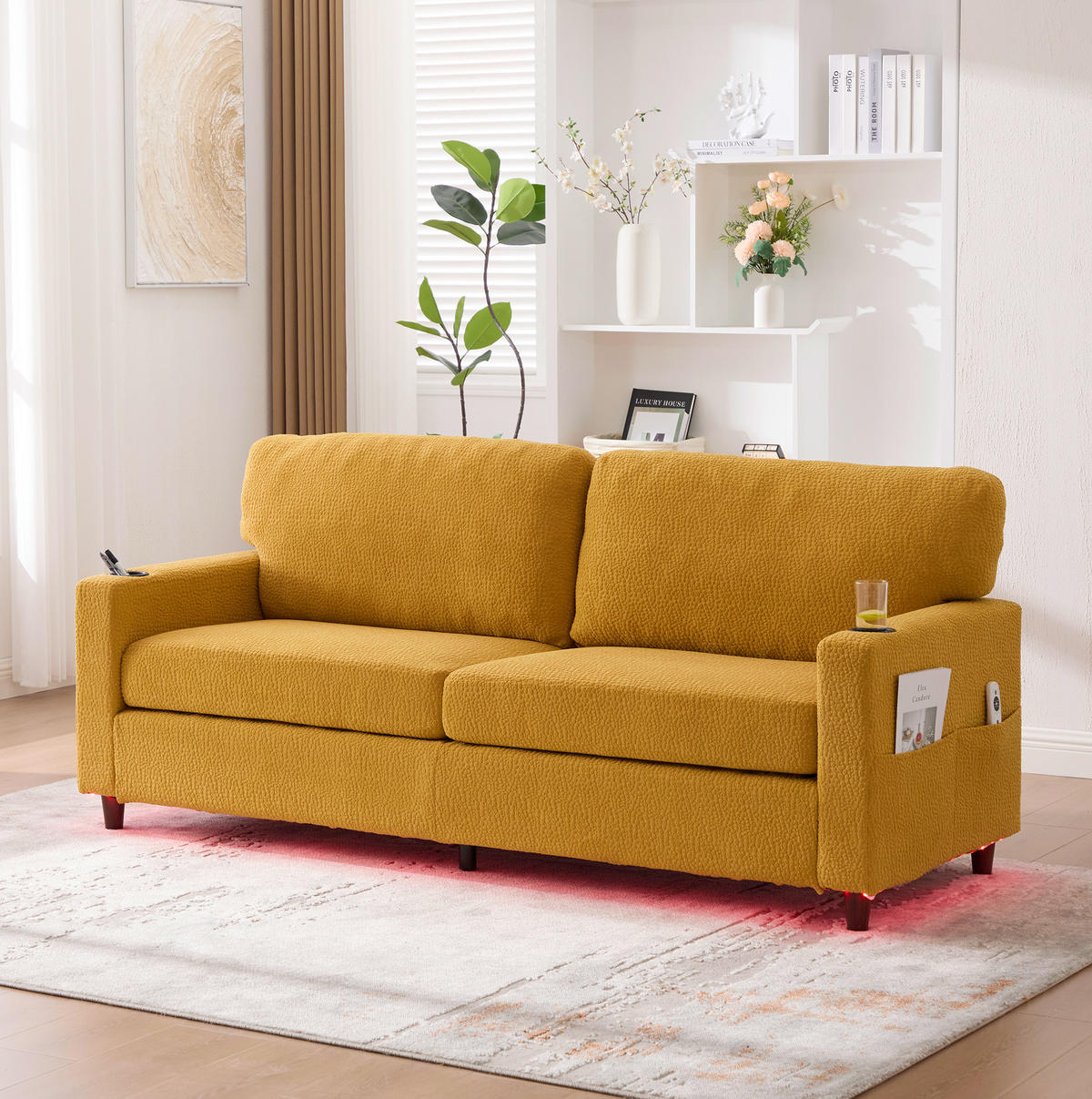 POHOVKA 2-miestna, 203/77,5/86 cm, chenille horčicovožltá, s USB-C, LED a držiakmi nápojov - žltá, textil (77.5/86/203cm) - BEAOK