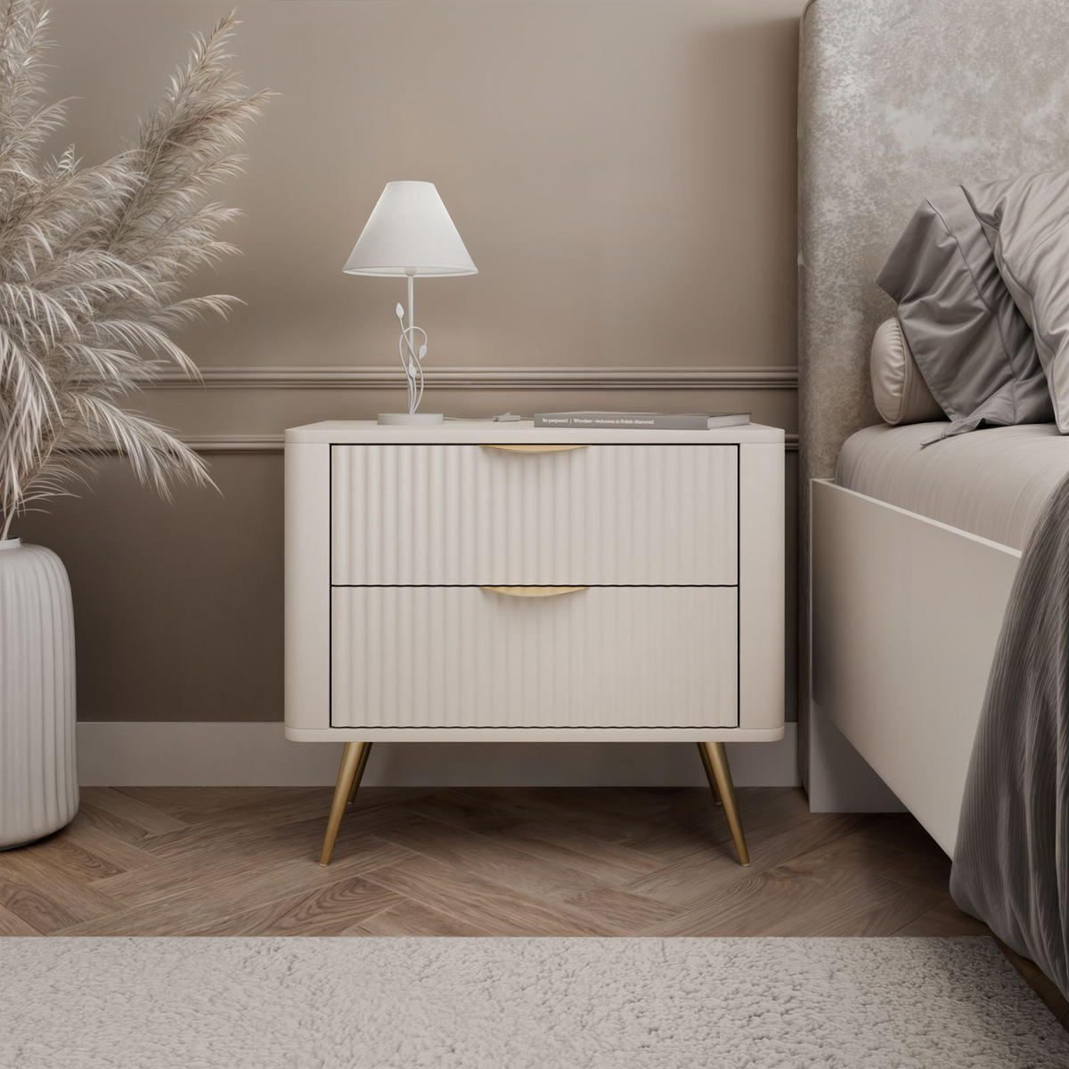 NACHTTISCH SCARLETT 2S MIT SCHUBLADEN BEIGE + GOLD - Beige, Holzwerkstoff (63/55/38cm) - Lookway