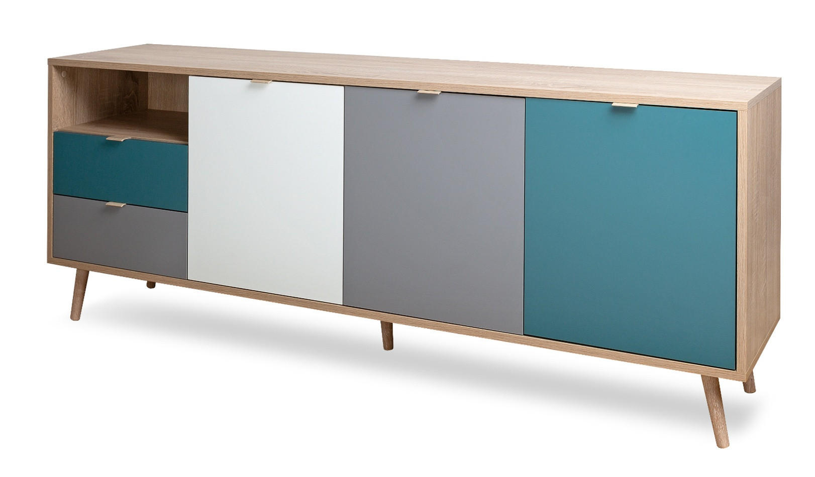 SIDEBOARD Eiche Sonoma, Petrol, weiß, grau 180 cm, Kommode Tricolor skandinavisch - Eichefarben/Petrol, Holz/Holzwerkstoff (180/71/40cm) - Furn.Design