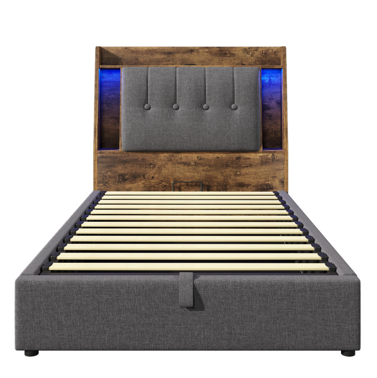 ČALÚNENÁ posteľ 90/200 cm s USB a USB-C nabíjaním, LED osvetlením a úložným priestorom, Sivá - sivá, textil (90/200cm) - Redom