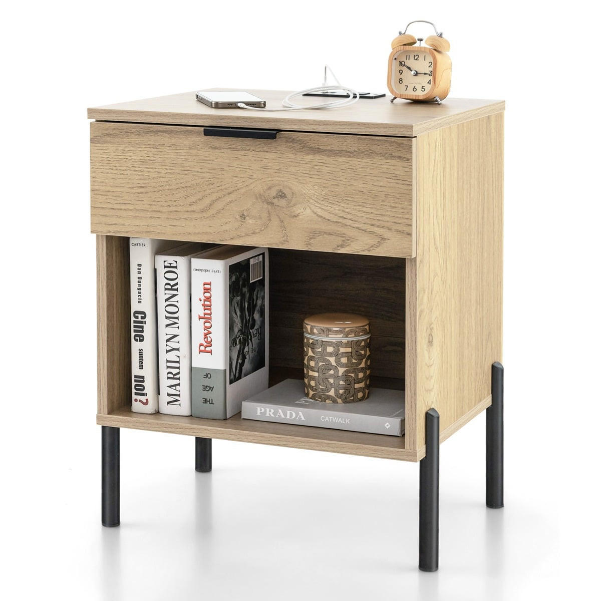 NACHTTISCH mit integrierter Ladestation, Schublade und offenem Fach - Edelstahlfarben/Naturfarben, Holzwerkstoff/Metall (40/58/45cm) - DESIGN IN