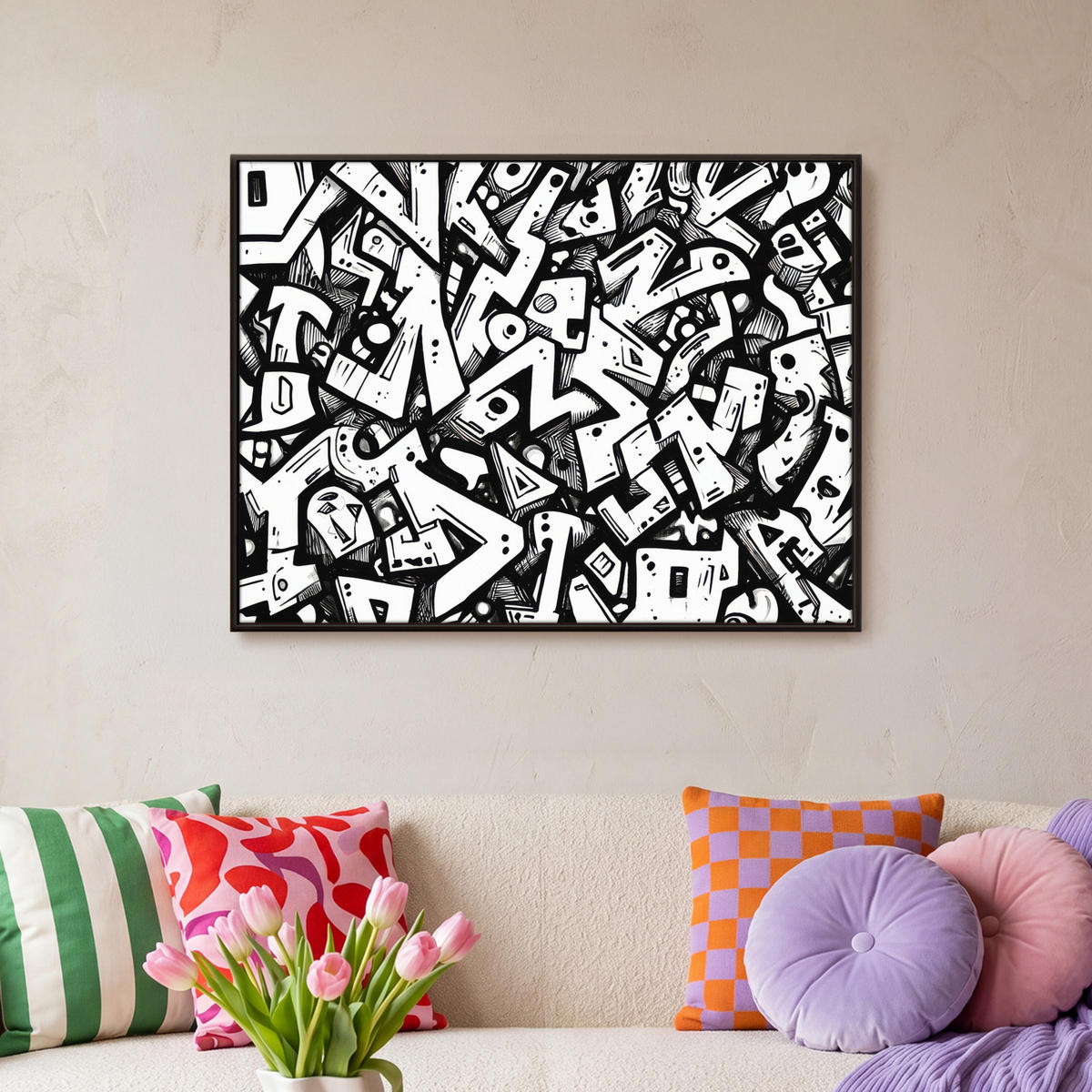 LEINWAND Bilder mit Rahmen - Formen - Buchstaben - Graffiti - Schwarz - 70x50 - Schwarz, Textil (70/50cm) - MuchoWow