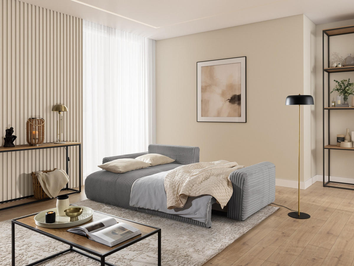 ECKSOFA Calma mit Schlaffunktion und Bettkasten im Bumpy-Design aus weichem Grau Plüschcord - Ottomane links - Schwarz/Grau, Holz/Kunststoff (239/140cm) - S-Style