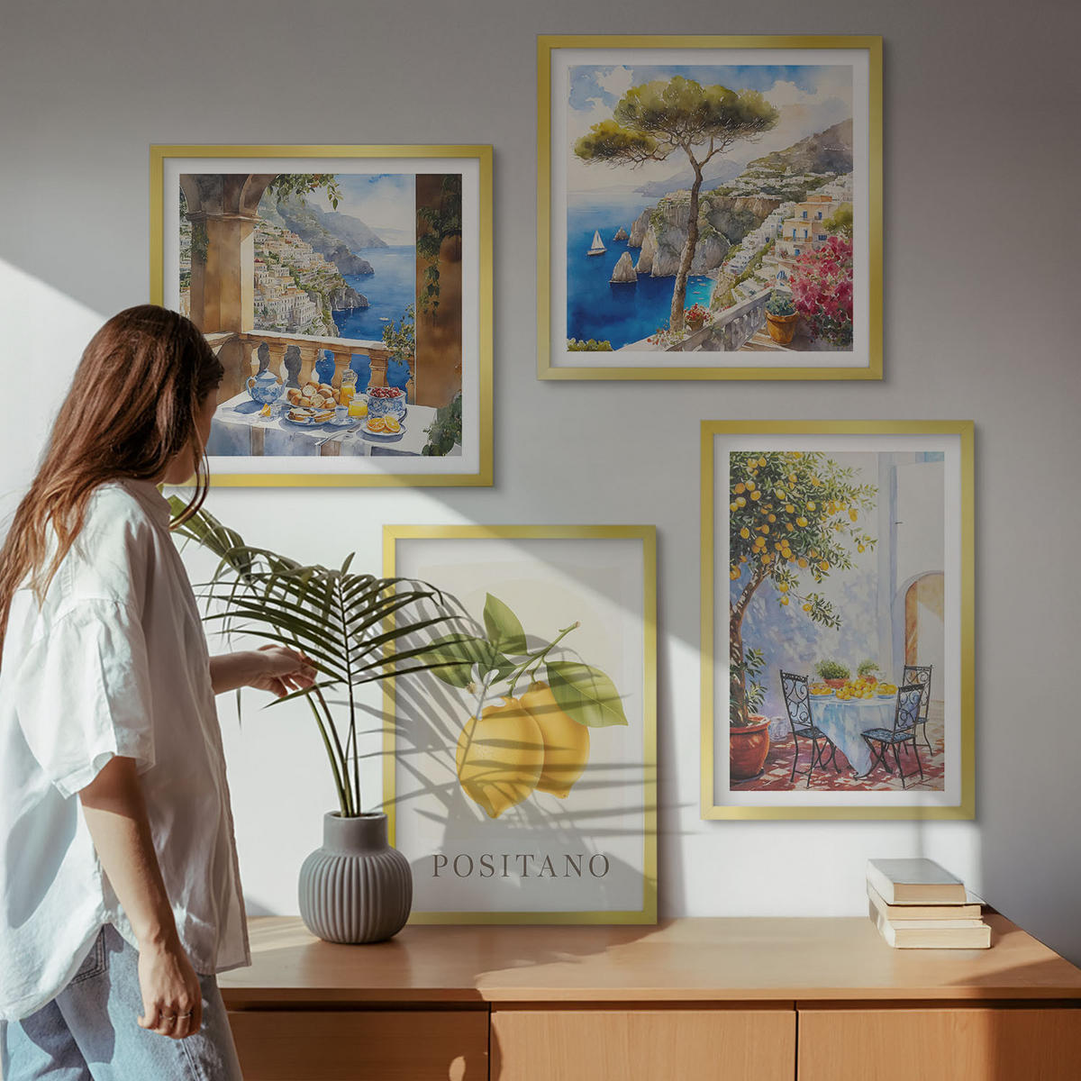 BILDER SET 4er Set - 50x50 cm & 40x60 cm Goldrahmen - Ansichten der Zitronenarchitektur von Positano - Goldfarben, Kunststoff (50/50cm) - TULUP