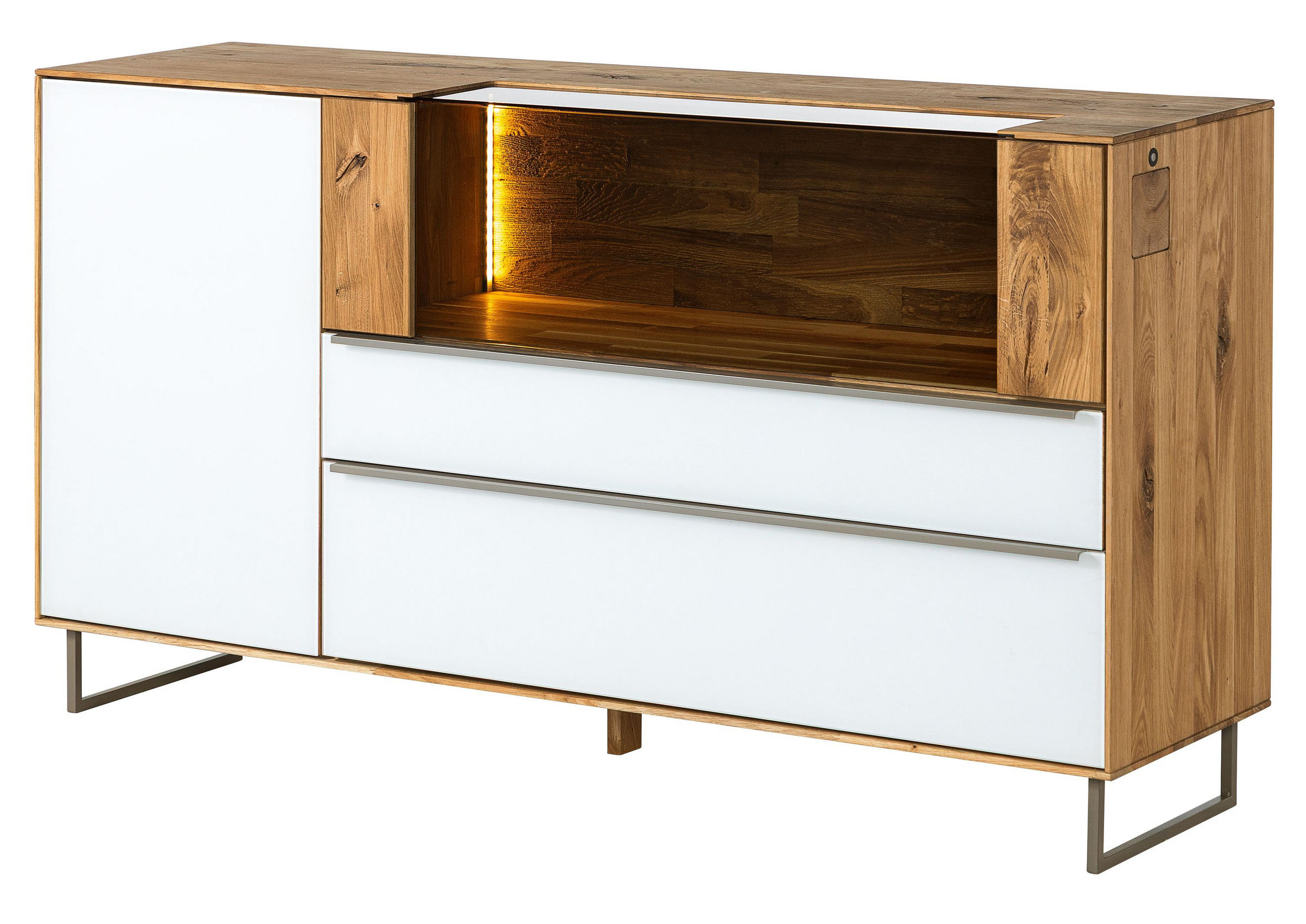 SIDEBOARD Wildeiche 160x43x87 natur geölt / Glas weiß WIEN #120 - Naturfarben, Holz (160/87/43cm) - Massivmoebel24