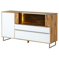 SIDEBOARD Wildeiche 160x43x87 natur geölt / Glas weiß WIEN #120 - Naturfarben, Holz (160/87/43cm) - Massivmoebel24
