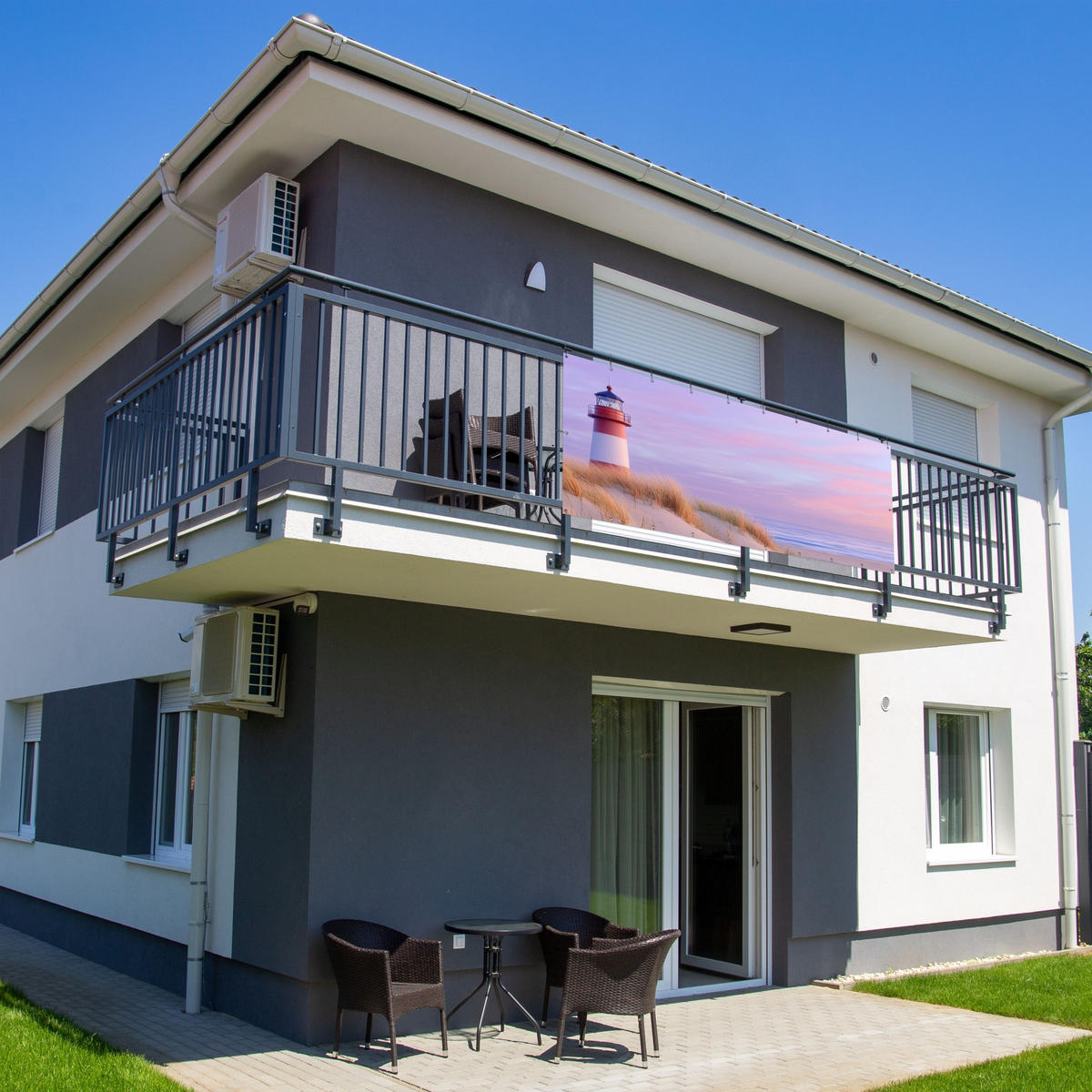 BALKON-SICHTSCHUTZ Leuchtturm - Dünen - Sonnenuntergang 300x120 cm - Hellrosa, Kunststoff (300/120cm) - MuchoWow