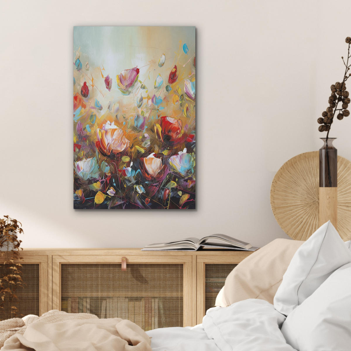 AKUSTIKBILD Blumen - Kunst - Natur - Ölgemälde Kunstdruck Schlafzimmer 50x70 cm - Multicolor, Kunststoff (50/70/0.9cm) - MuchoWow
