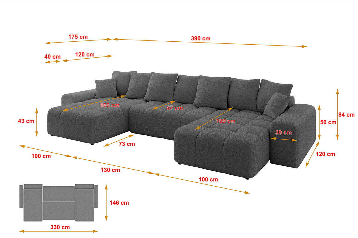 WOHNLANDSCHAFT ENIL-U 390x175x84 Grau Bouclé - Grau, Holzwerkstoff/Kunststoff (390/84/175cm) - ALTDECOR