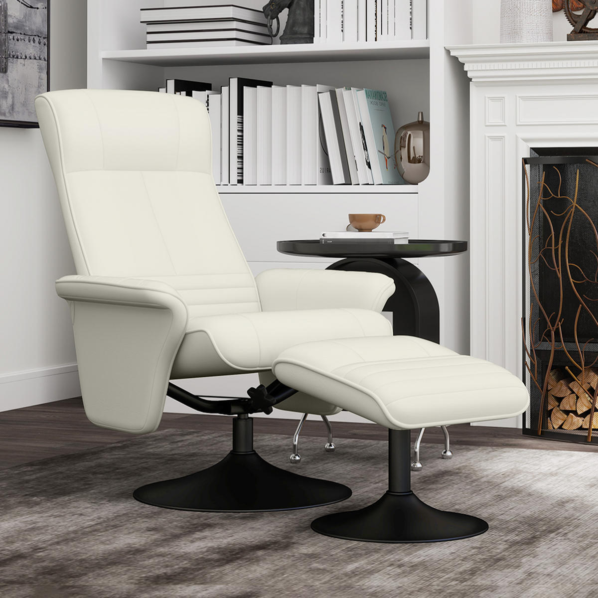RELAXSESSEL mit Hocker Drehbarer Fernsehsessel mit Liegefunktion Mikrofasertuch - Creme/Schwarz, Textil/Metall (71/104/69cm) - HOMCOM
