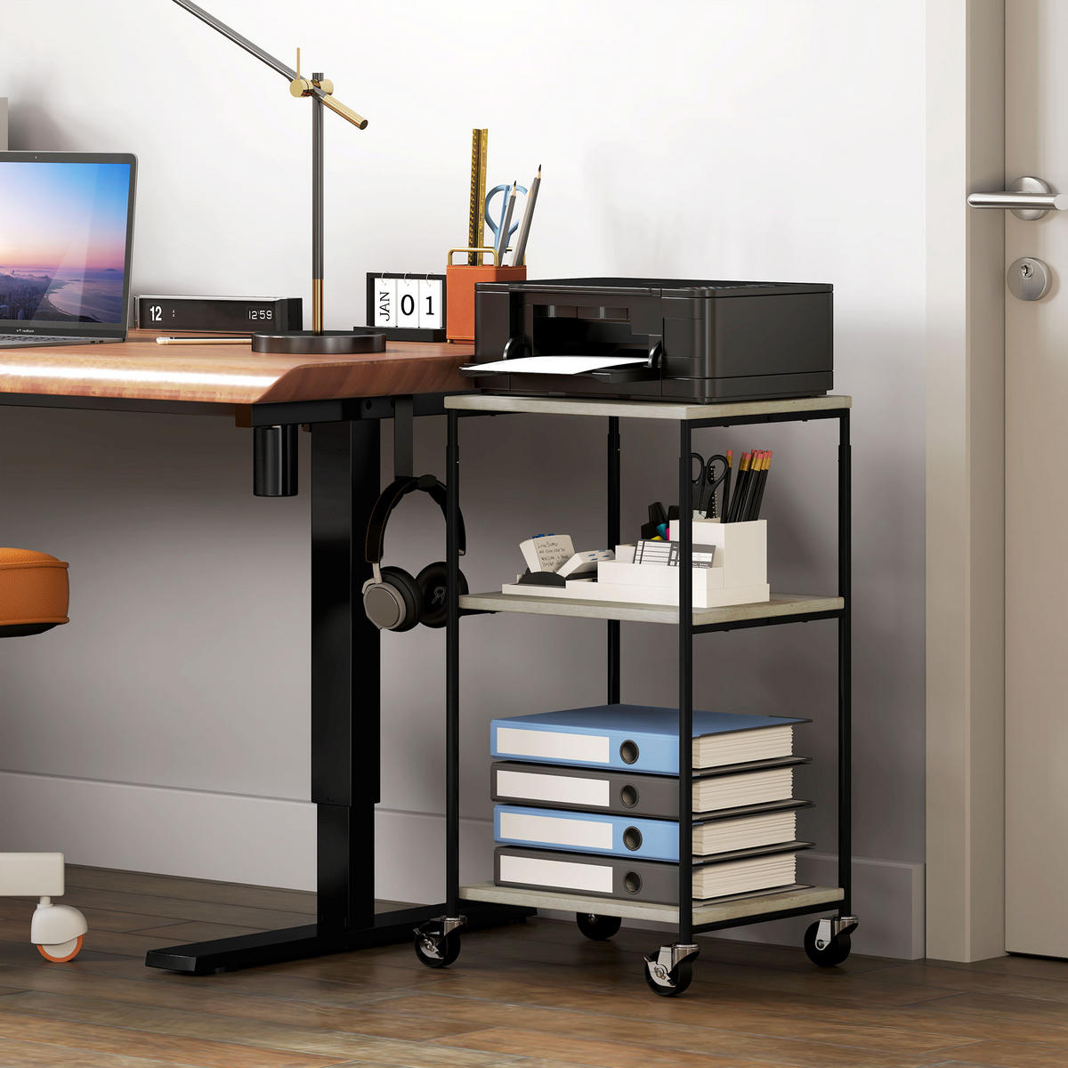 DRUCKERTISCH mit Rolle, Stahl, 39 x 34,5 x 81,5 cm - Grau, Metall (34.5/39/81.5cm) - HOMCOM