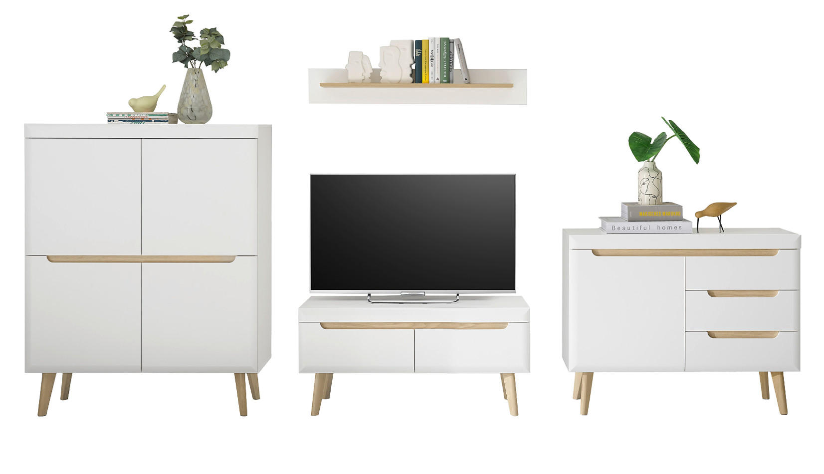WOHNWAND 4-teilig weiß matt, Eiche, skandinavisch 361 cm, Wohnkombination mit Soft-Close - Eichefarben/Weiß, Holz/Holzwerkstoff (361/170/40cm) - Furn.Design