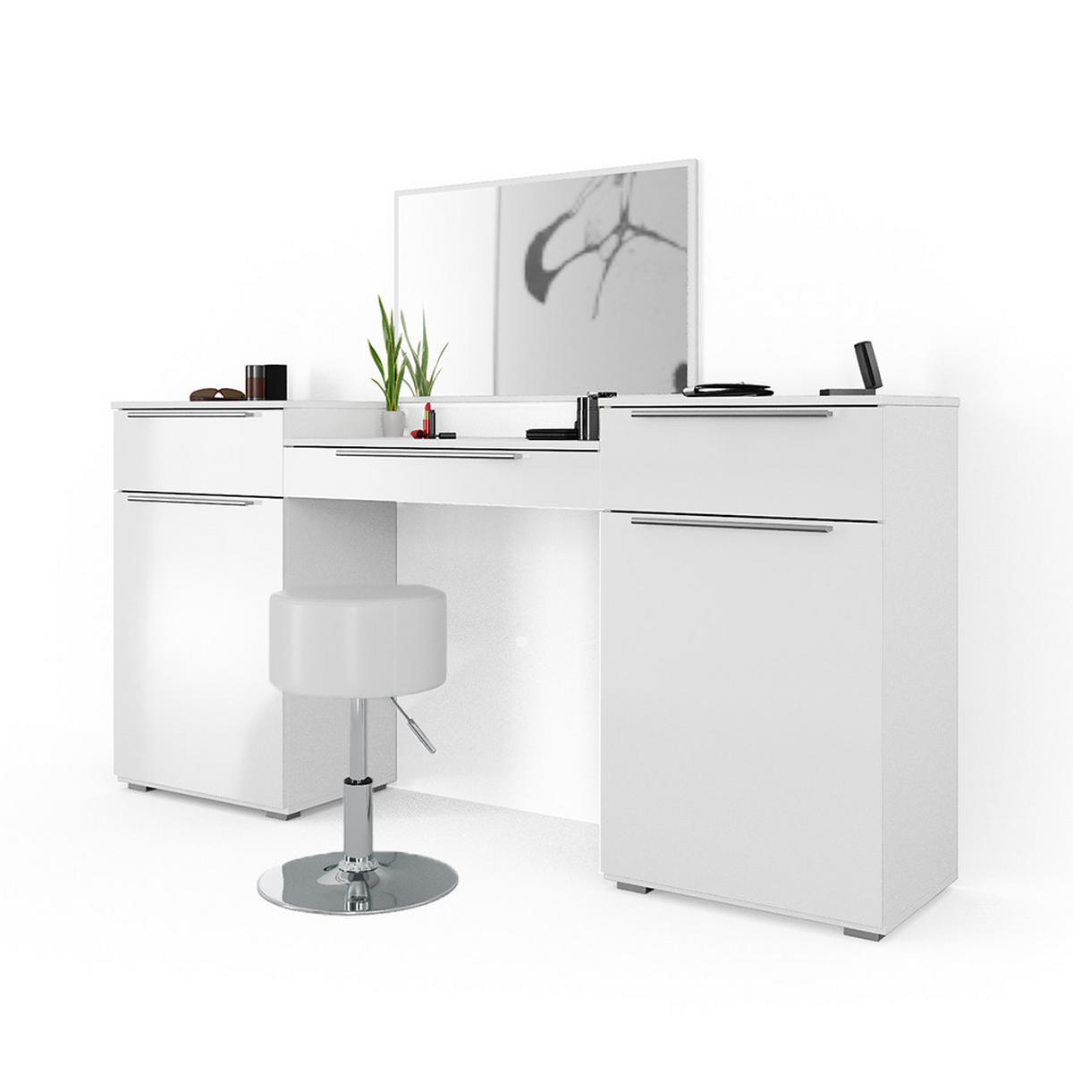 SCHMINKTISCH Lilli Weiß 190 cm mit Hocker - Weiß, Holzwerkstoff (190/90/39cm) - Vicco