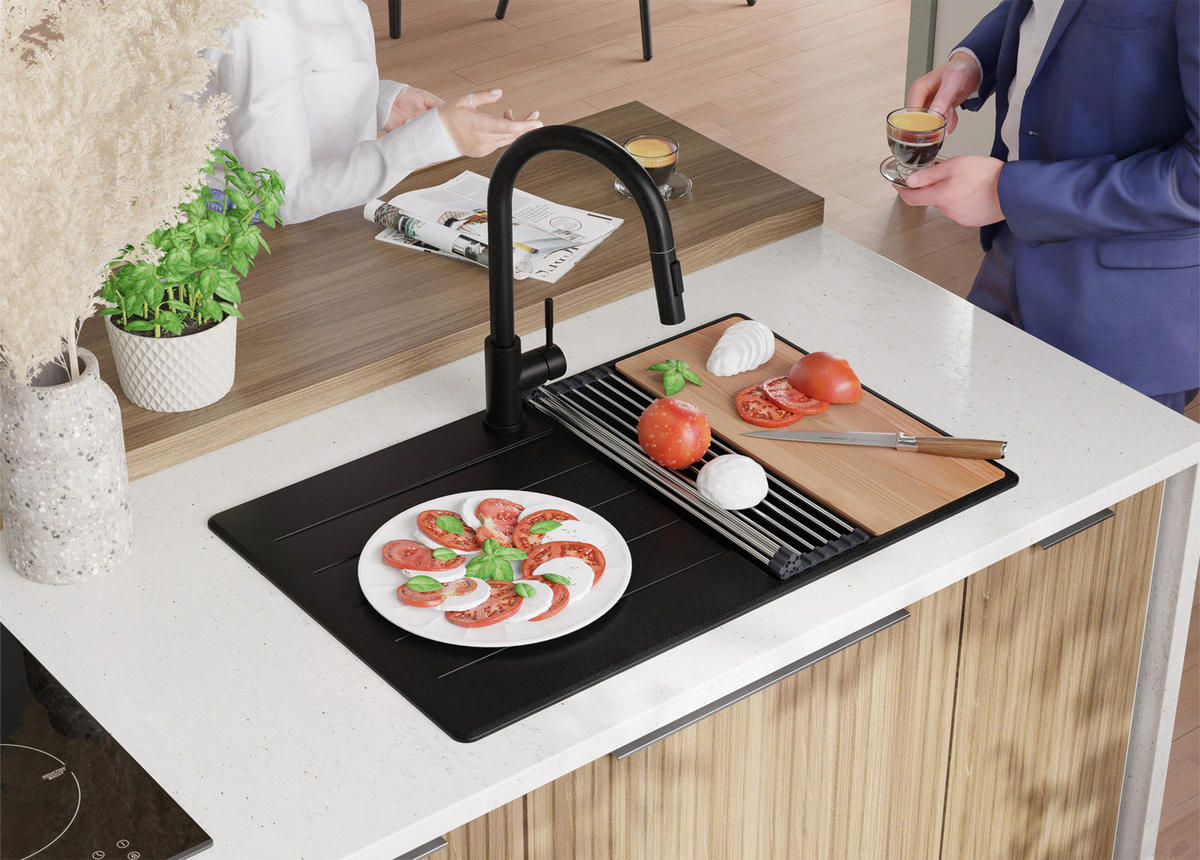 GRANITSPÜLE Kopenhagen, 2-er set Alles Schwarz 78/50 cm 1 Becken + Küchenarmatur 40/20 cm + Ablauf-Set + Schneidebrett ab 45er Unterschrank - Beige/Schwarz, Kunststoff (78/20/50cm) - Primagran