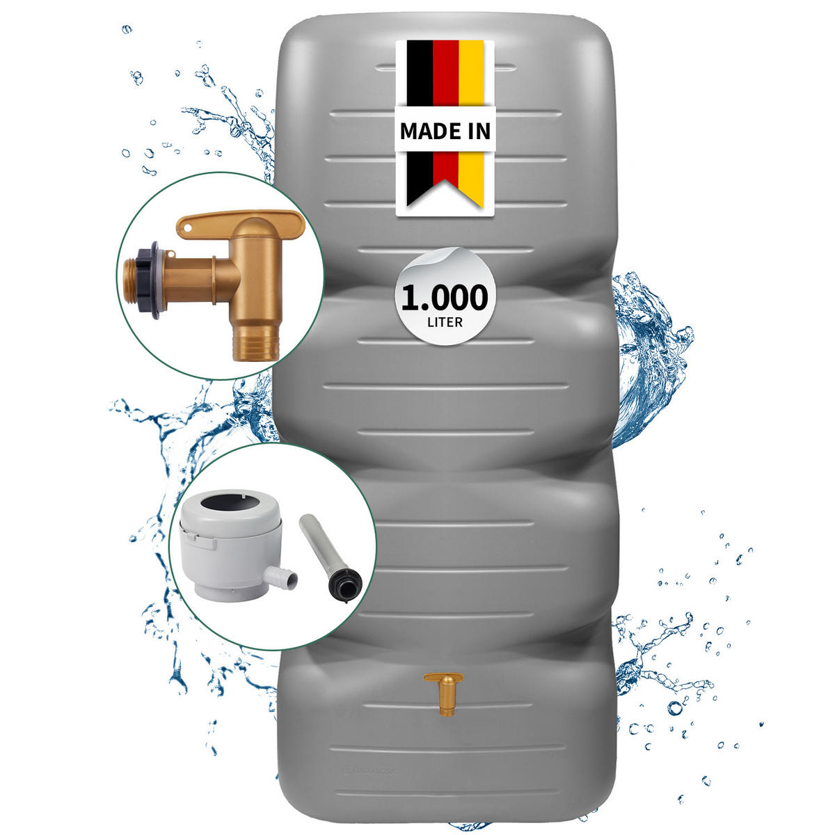 REGENTONNE Komplett-Set 1000 L, betongrau inkl. Kunststoff-Auslaufhahn und Fallrohranschluss - Grau, Kunststoff (80/184/80cm) - GARANTIA