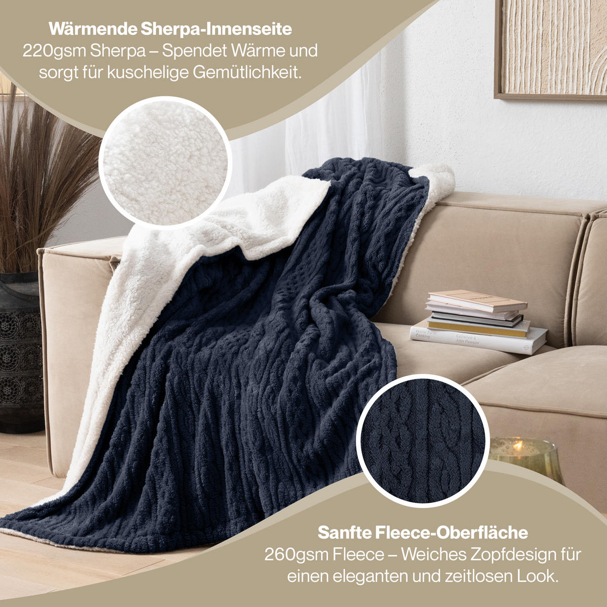 KUSCHELDECKE 230/270 cm, Dunkelblau & Beige - Dunkelblau/Sonoma Eiche, Textil (230/270cm) - Blumtal