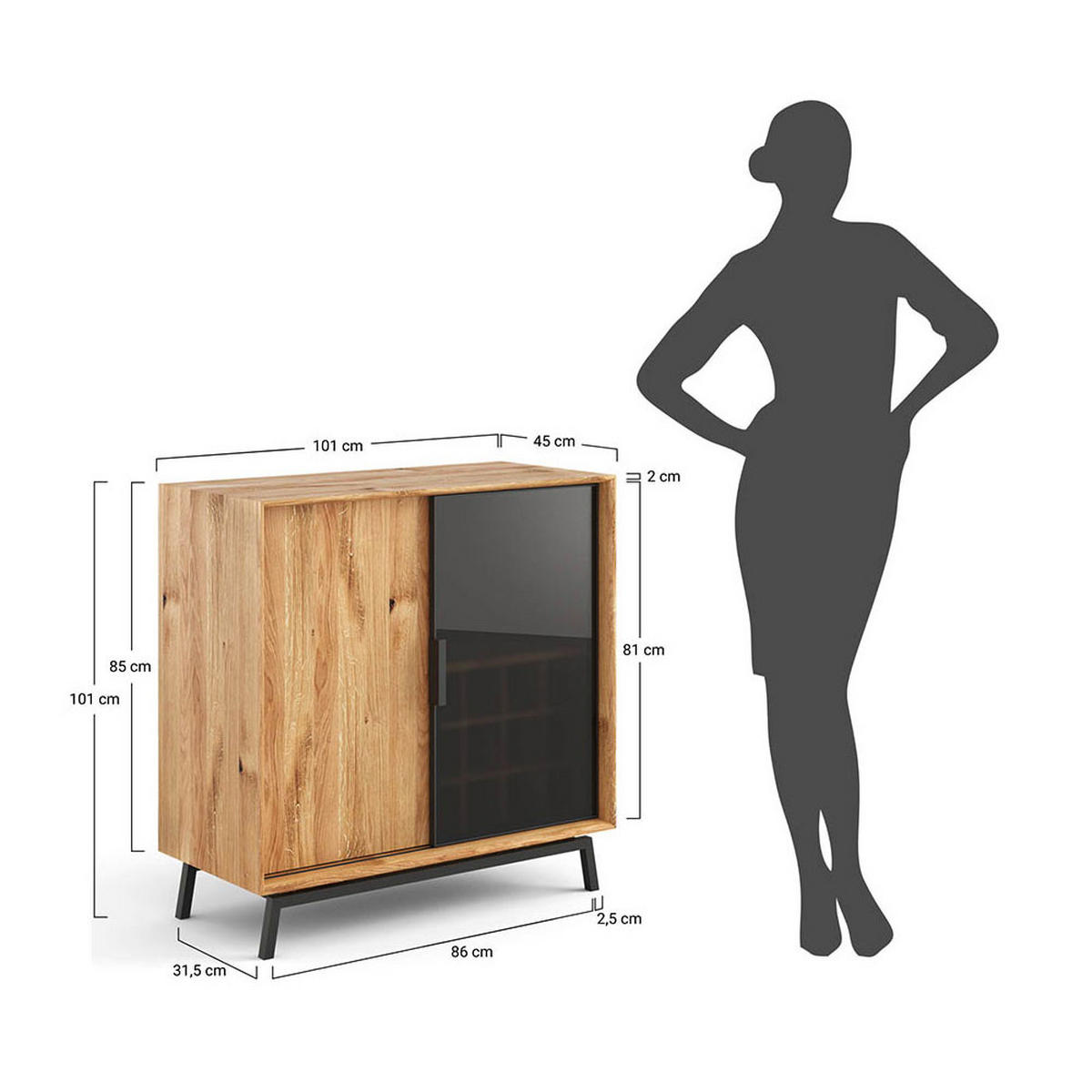 WEINREGAL Modern Loft Eiche Natur 101 / 45 / 101cm - Eichefarben/Schwarz, Holz (101/101/45cm) - Feldmann-Wohnen