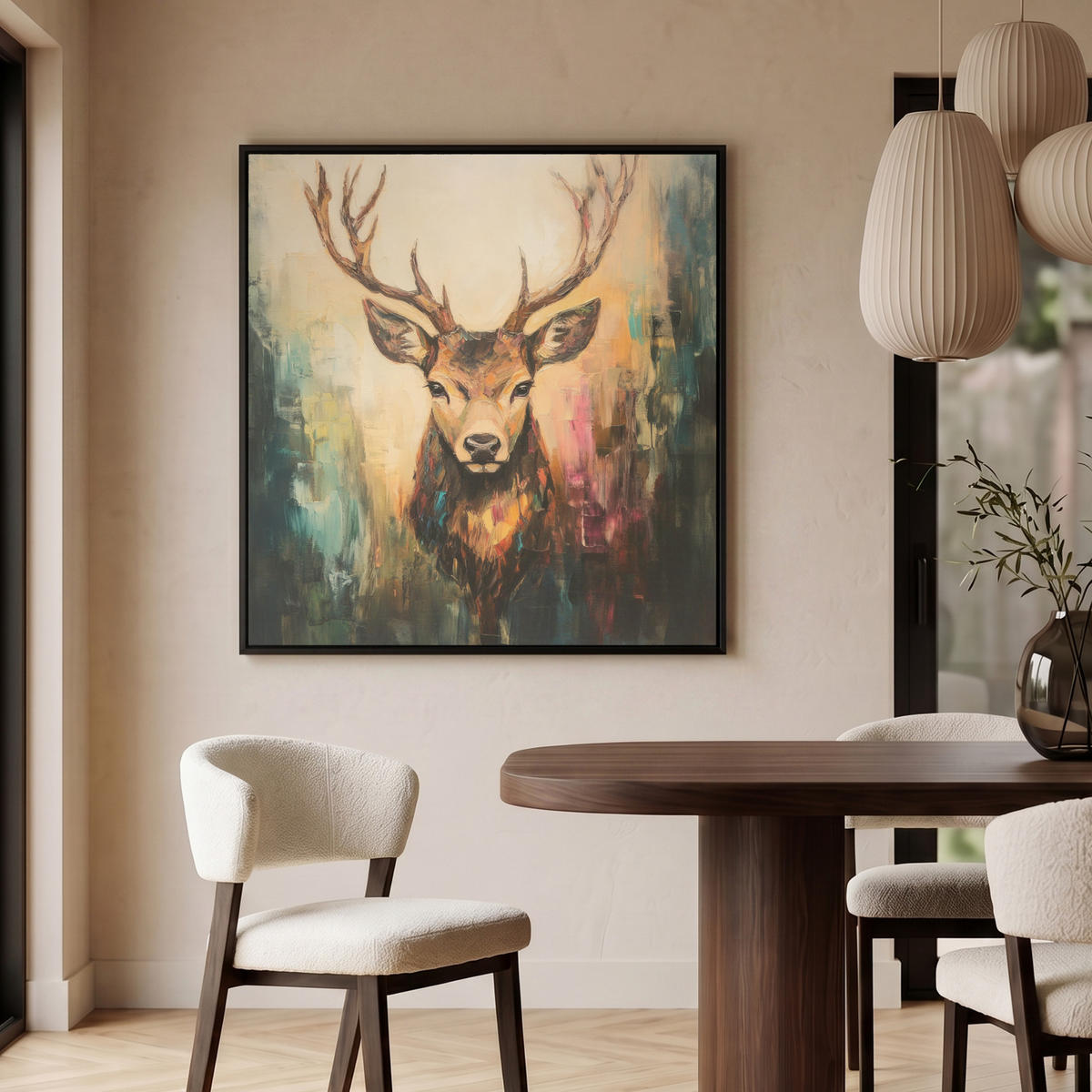 LEINWAND Bilder mit Rahmen - Hirsch - Gemalt - Geweih - Braun - 90x90 - Haselnussfarben, Textil (90/90cm) - MuchoWow