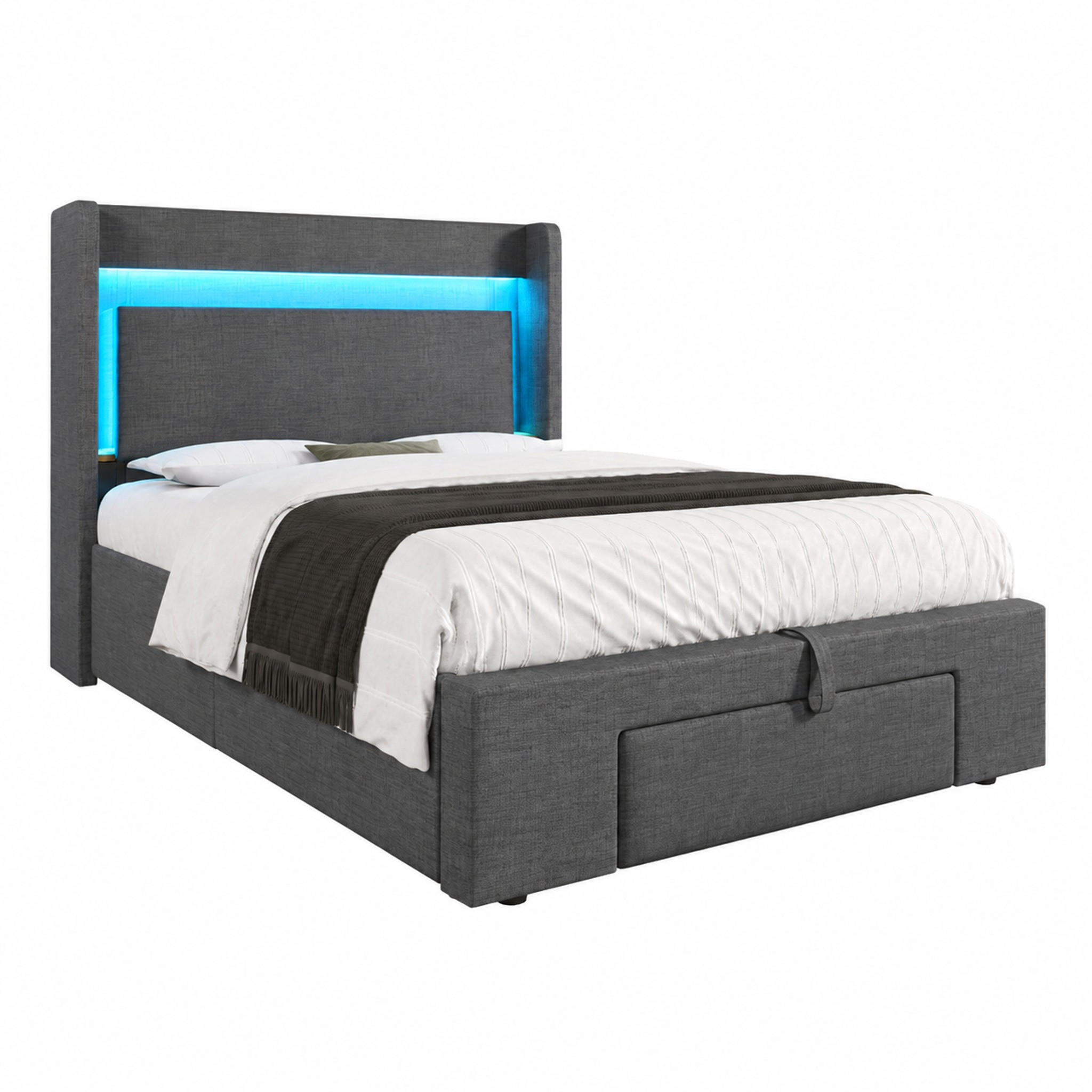 BETT mit Stauraum & LED 90x200 cm Leinen Grau - Grau, Metall (90/200cm) - Meubliv
