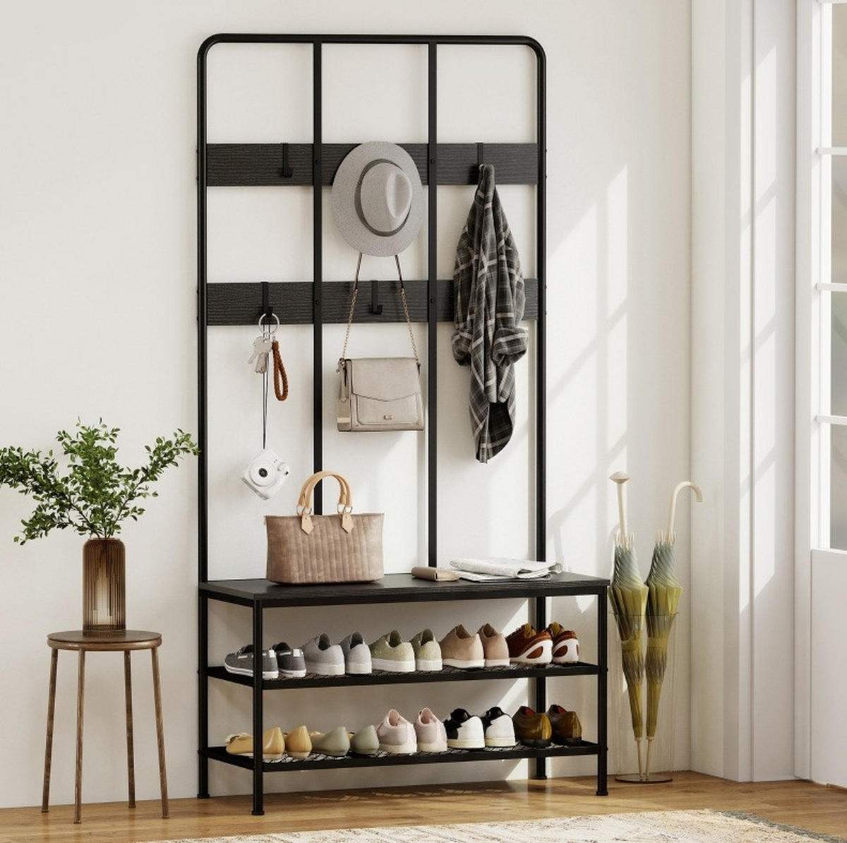 PŘEDSÍŇOVÝ věšák černý z kovu s lavicí, háčky a botníkem - černá, kov (91/180/36cm) - OKWISH