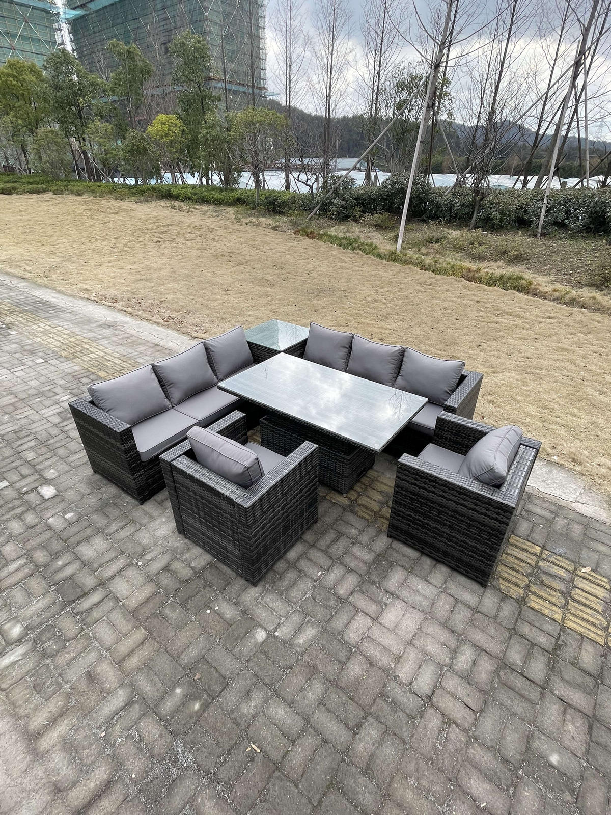 GARTENTISCHGRUPPE Polyrattan 8-Sitzer - Dunkelgrau/Grau, Glas/Kunststoff - Fimous