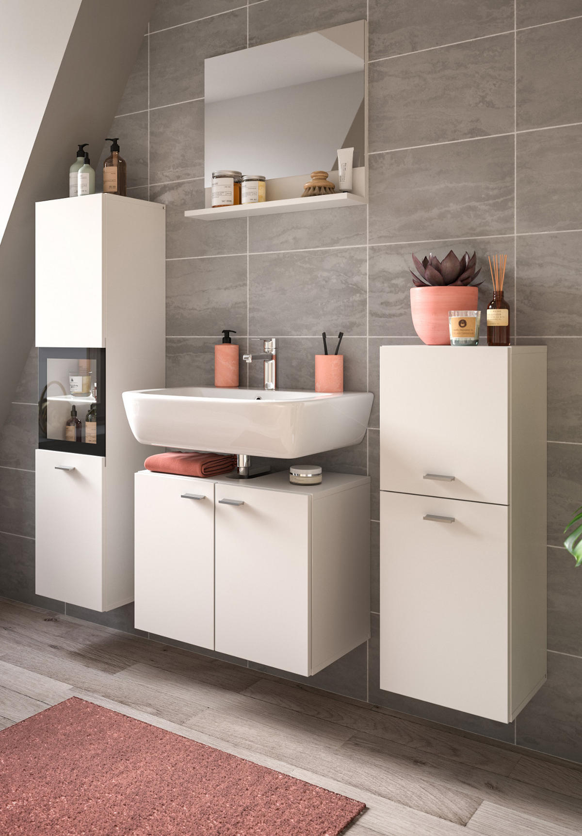 BADMÖBEL-SET weiß 4-teilig 140 cm, Kombination hängend oder stehend - Weiß, Glas/Holzwerkstoff (137/186/33cm) - Inn.Furn