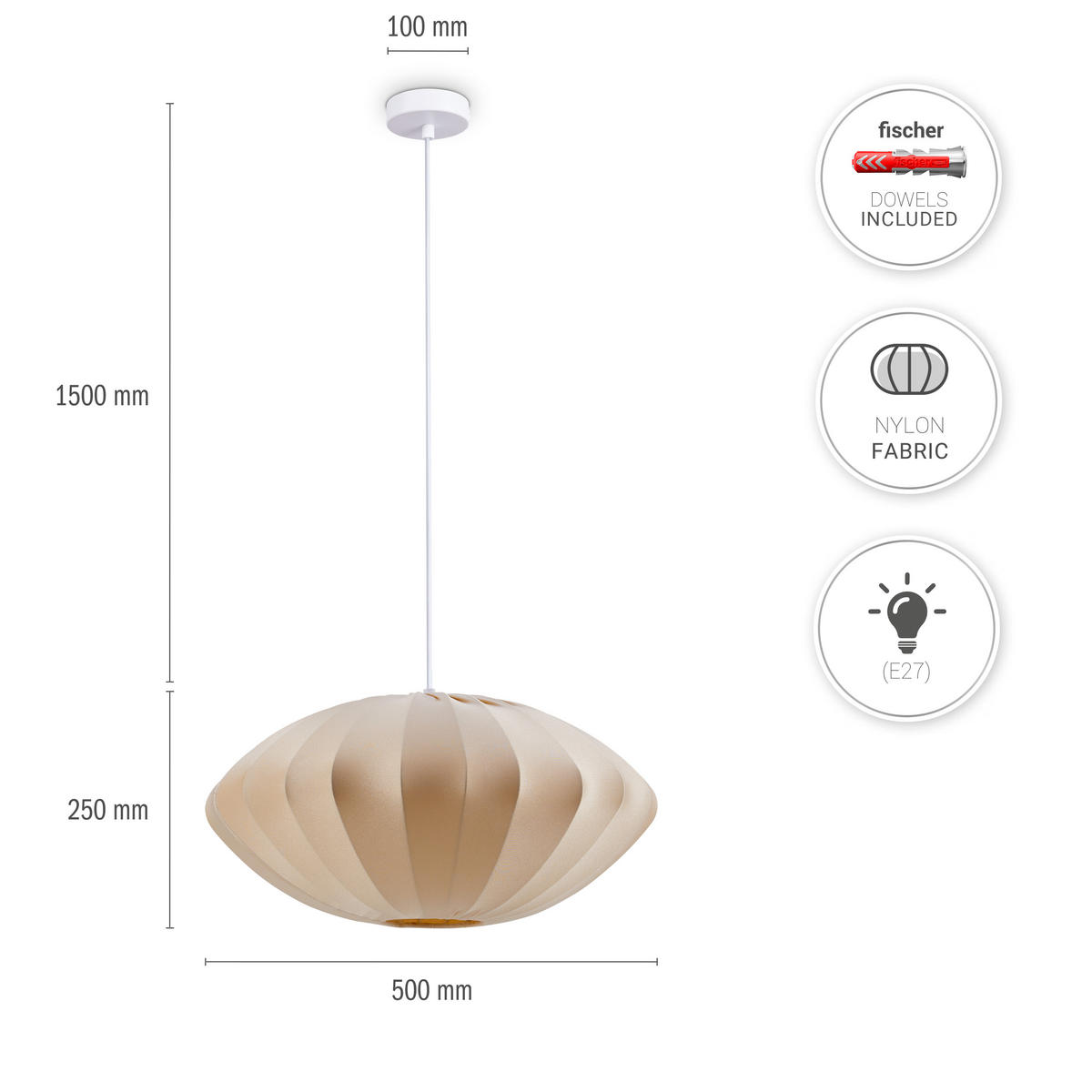 PENDELLEUCHTE Hugo Pd1 Bella - Beige/Weiß, Metall (50/50/25cm) - Paco Home