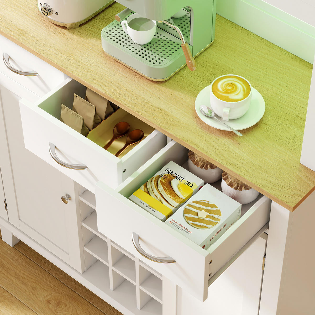 BUFFET DE-11344 LED-Licht & Weinkeller, 4 Türen, 3 Schubladen Weiß - Weiß, Holzwerkstoff (39.5/180/100cm) - ComfortXL