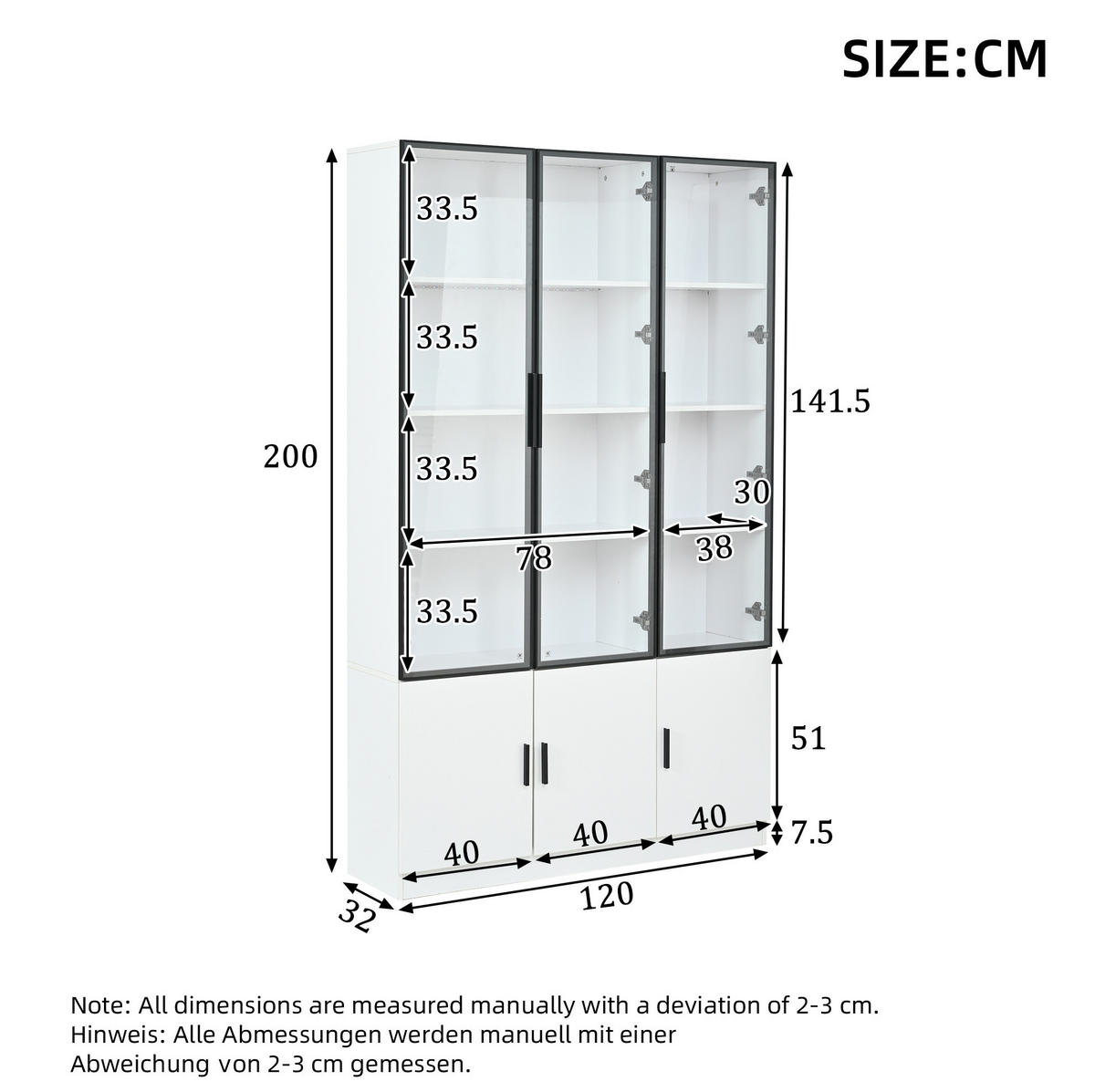 HOCHSCHRANK aus MDF 120x32x200cm in Weiß mit LED & Glastüren - Weiß, Holzwerkstoff (120/200/32cm) - Modfu