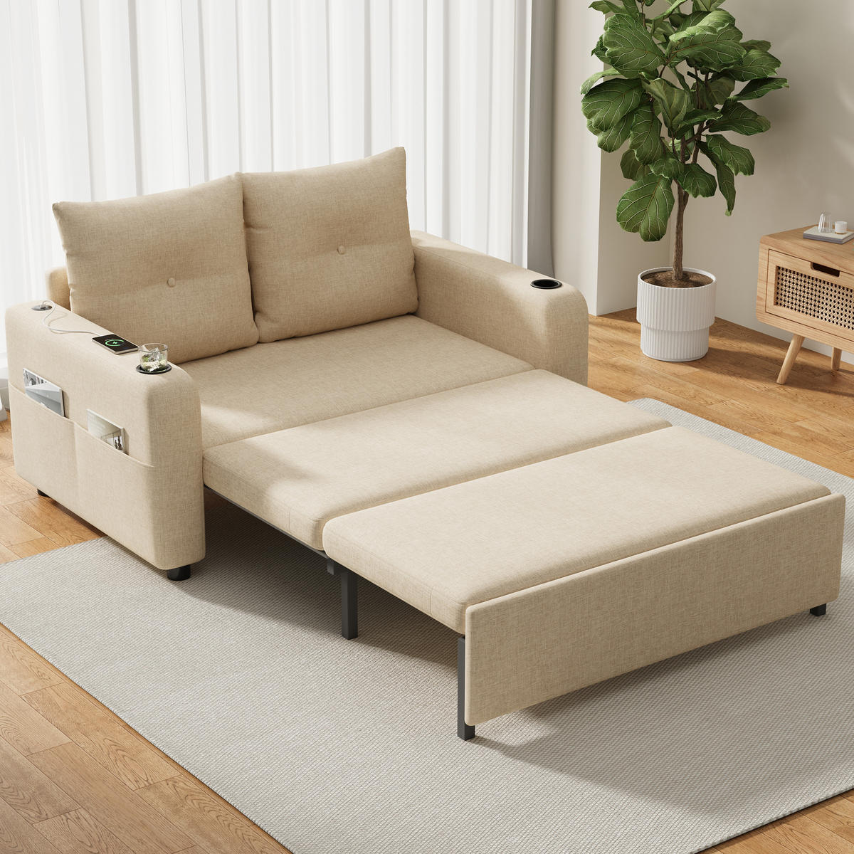 SCHLAFSOFA 3-in-1 Cotton-Linen mit USB-Anschluss und Getränkehaltern Beige 131/81/94 cm - Beige, Textil (81/94/131cm) - Redom