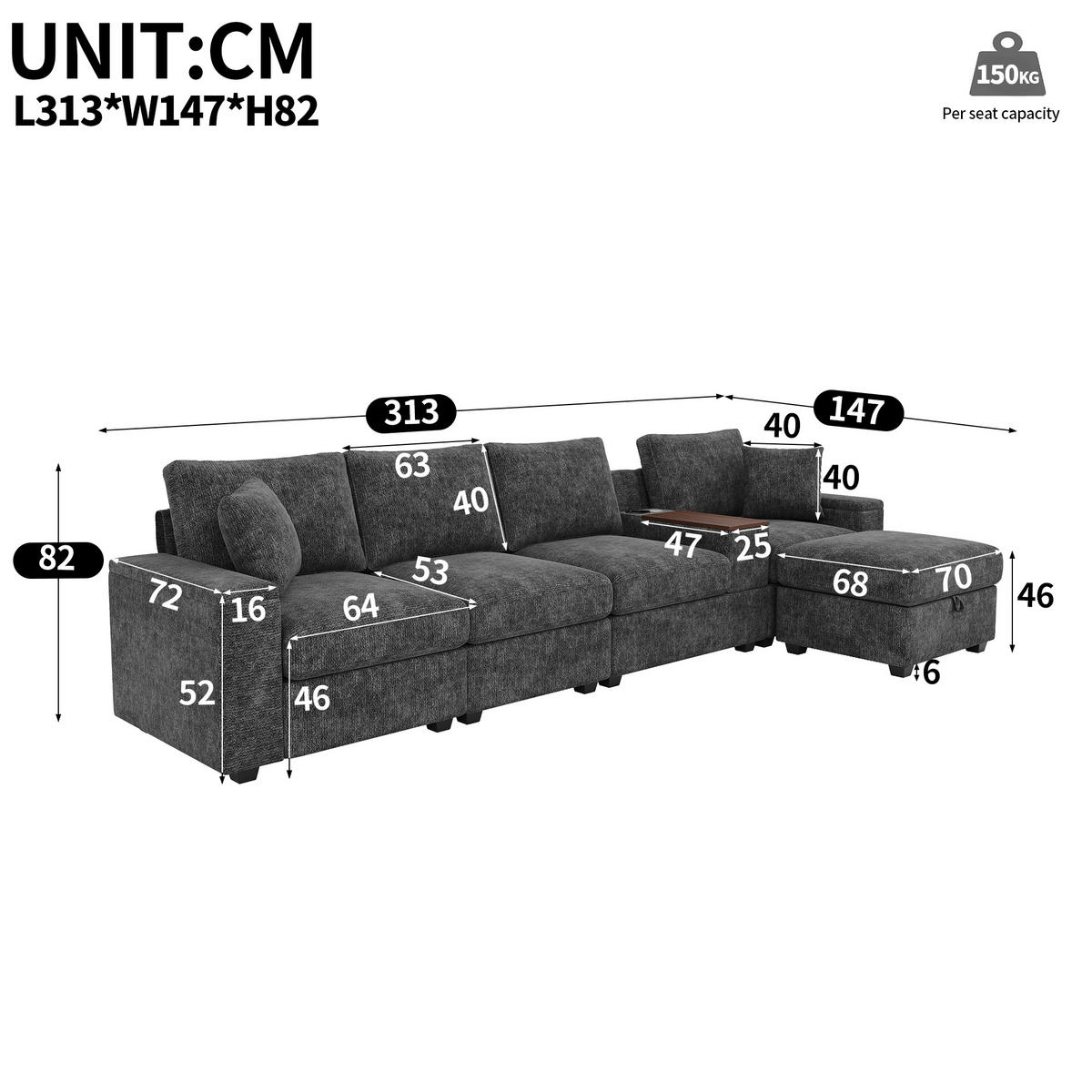 ECKSOFA mit USB/Type-C, Stauraum und drehbarem Couchtisch - Grau, Textil (313/147cm) - EVRYAE