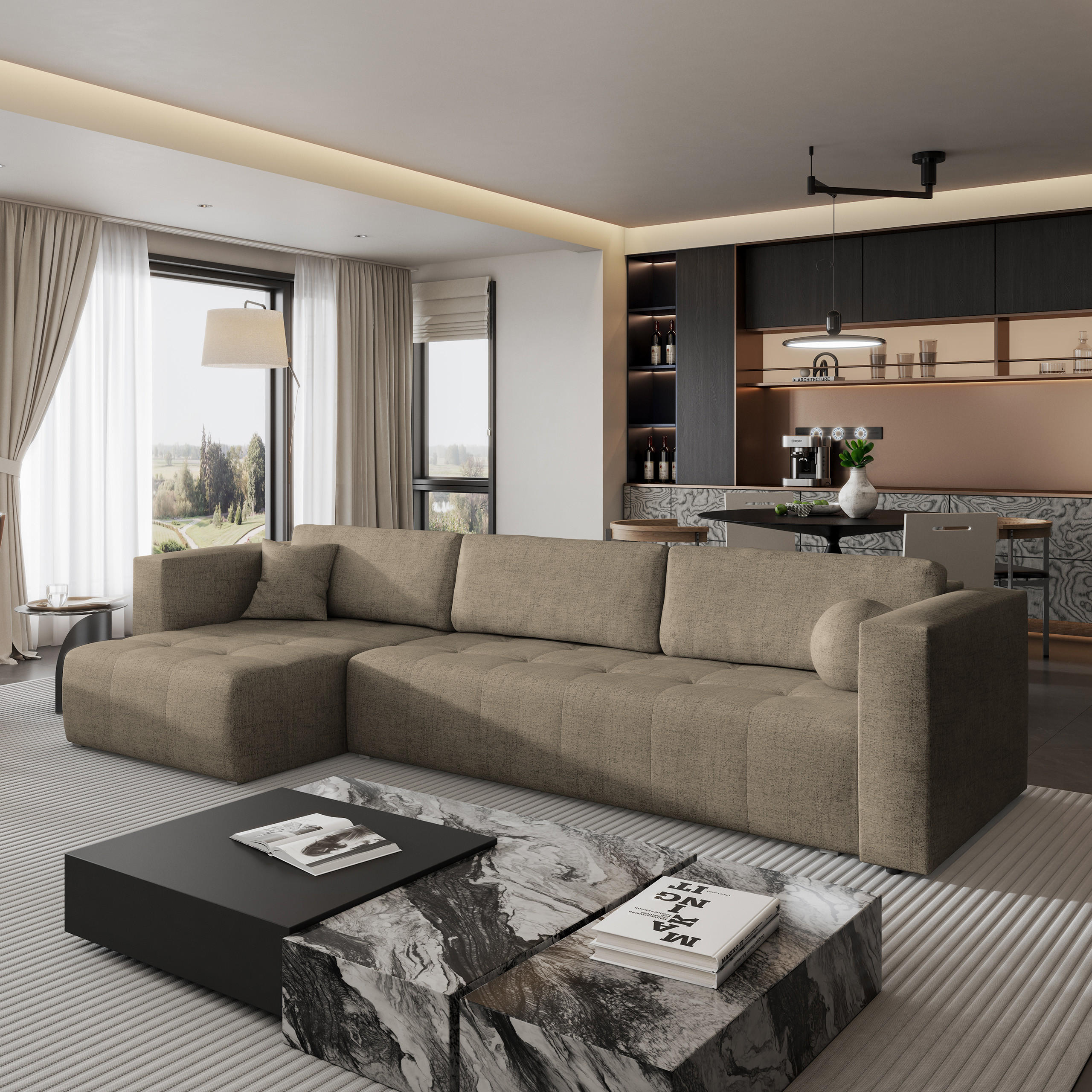 ECKSOFA OLVERA Braun Geflochtener Stoff mit Schlaffunktion - Braun, Holz (347/148cm) - MASSENO