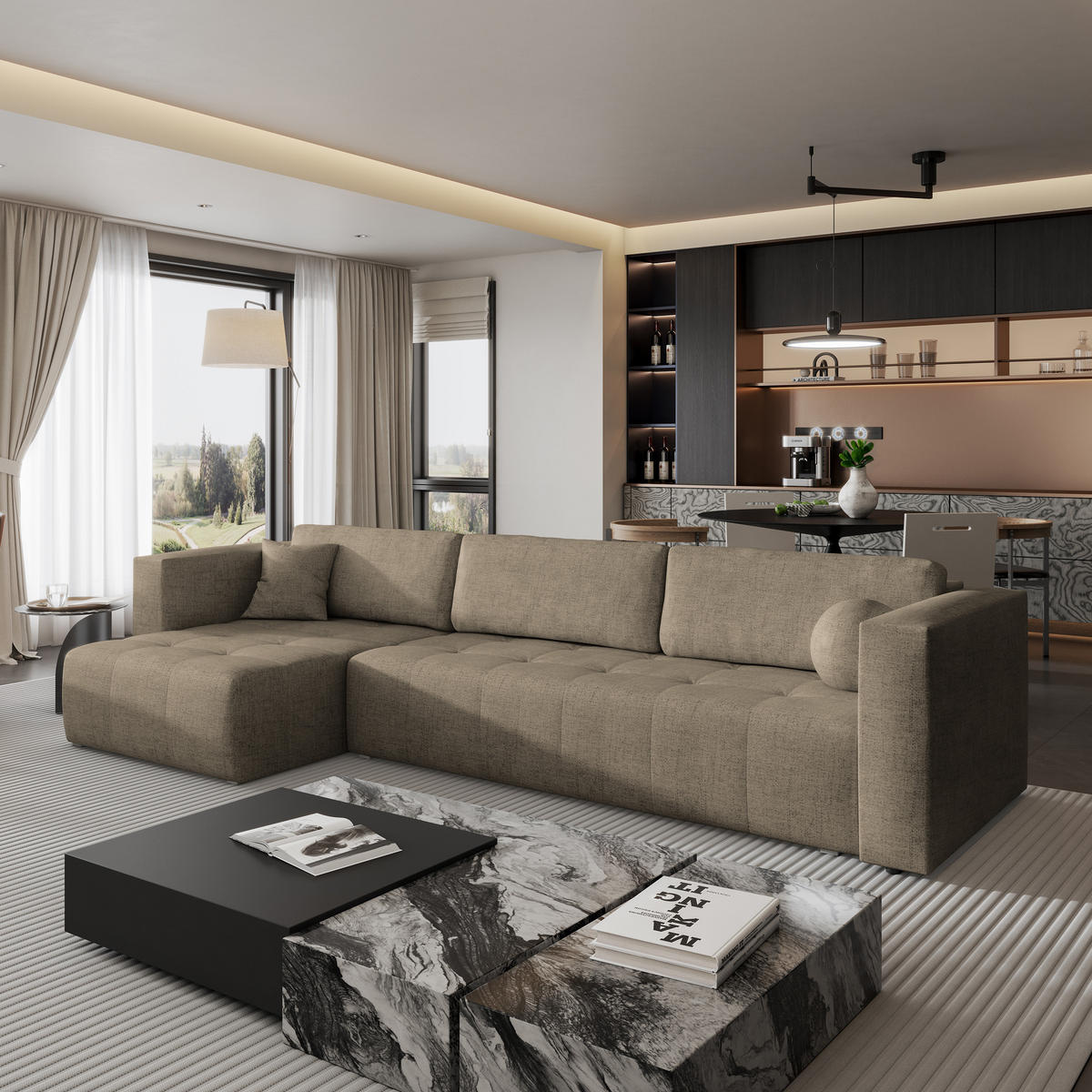 ECKSOFA OLVERA Braun Geflochtener Stoff mit Schlaffunktion - Braun, Holz (347/148cm) - MASSENO