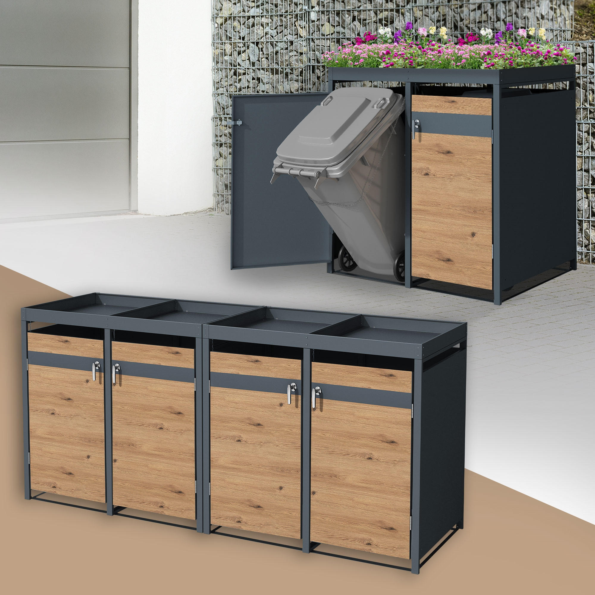 MÜLLTONNENBOX 4er mit Pflanzdach Anthrazit-Eichenoptik - Braun, Metall (80/124/264cm) - ML-DESIGN