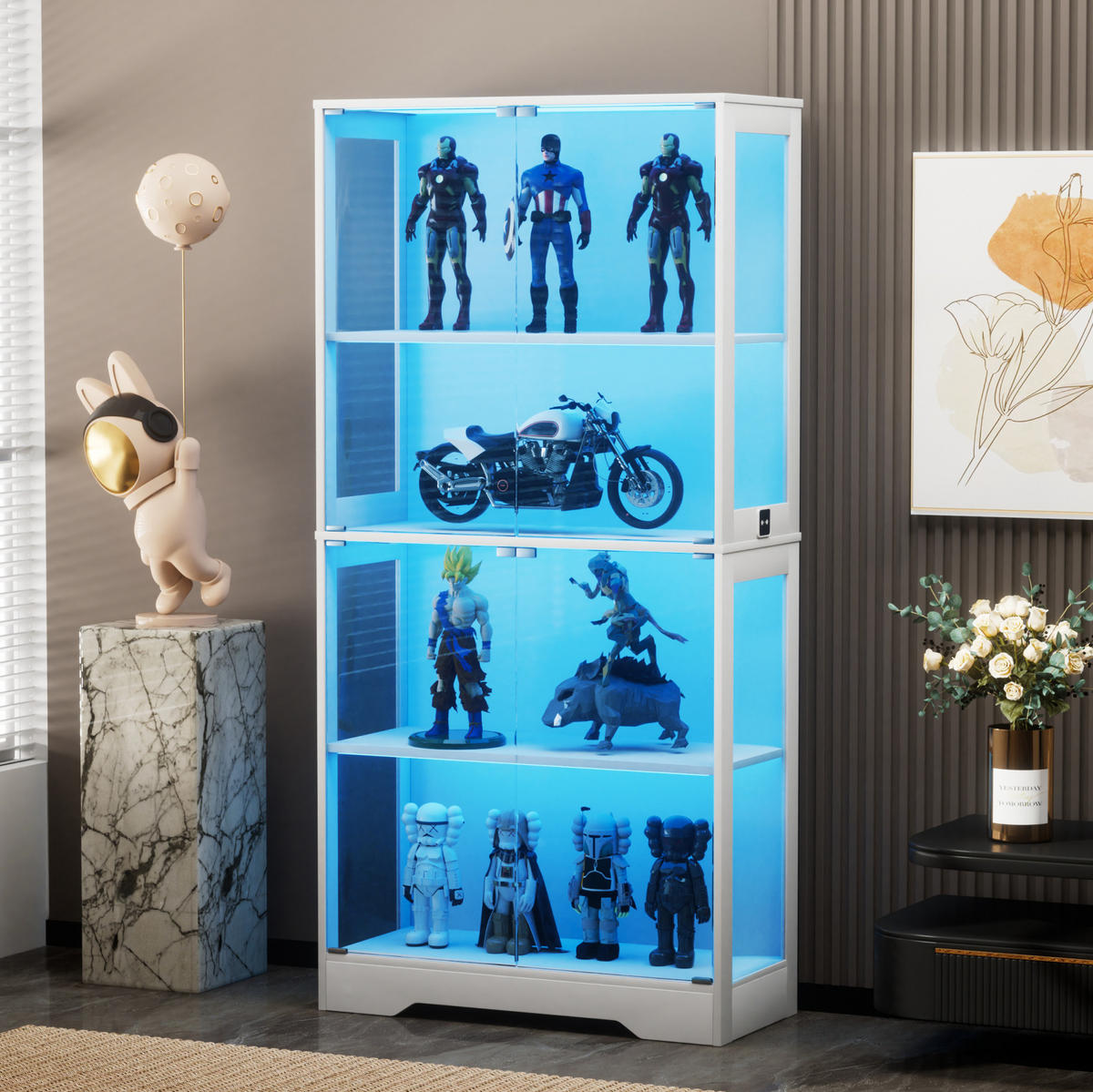 VITRINE 80/35/165 cm aus MDF und Glas mit LED-Beleuchtung und Bewegungssensor Weiß - Weiß, Holzwerkstoff (80/165/35cm) - Modenvie