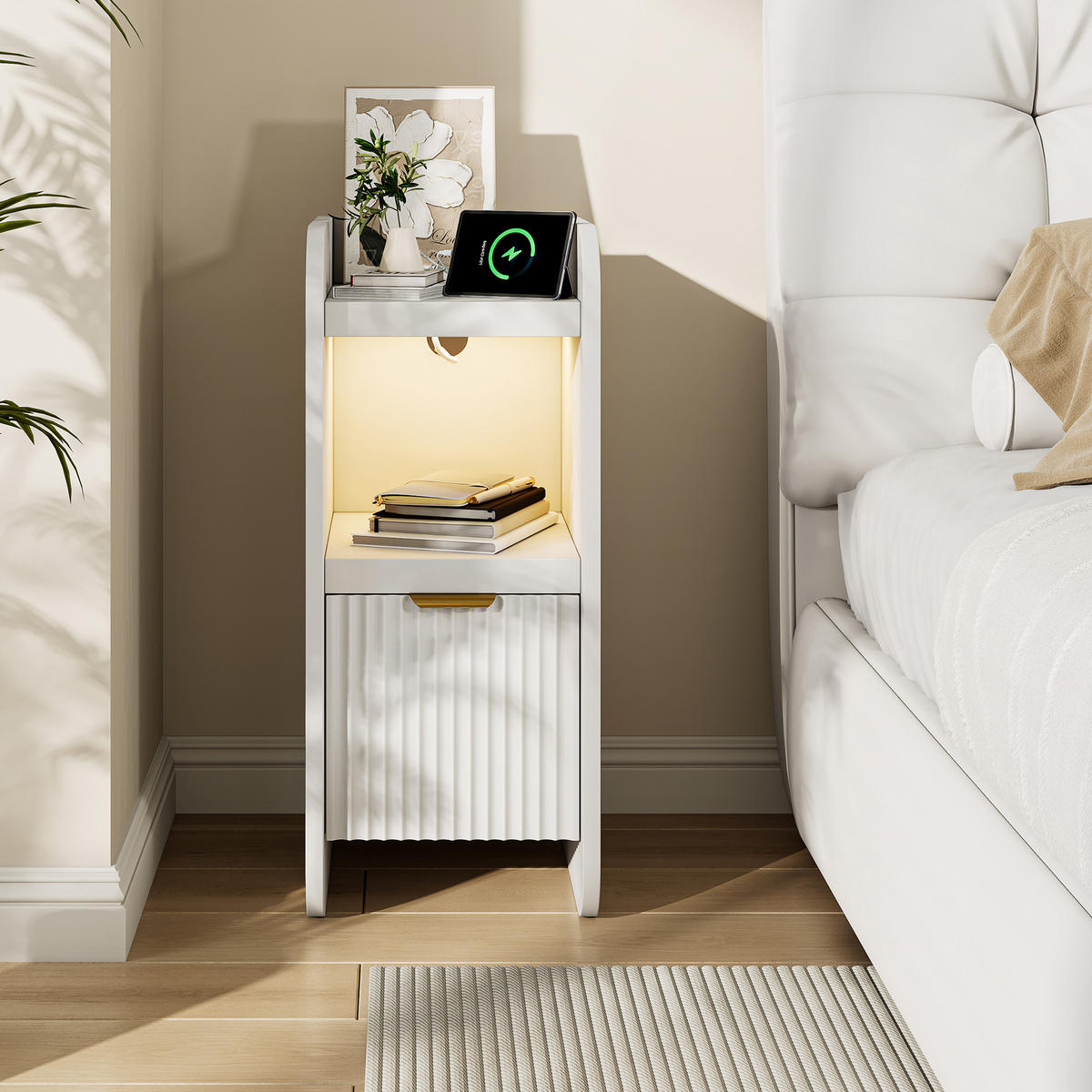 NATTDUKSBORD 2-delat set, vitt med LED, låda och USB-laddningsstation - Vit, Träbaserade material (25/60/30cm) - SHOPENTRA