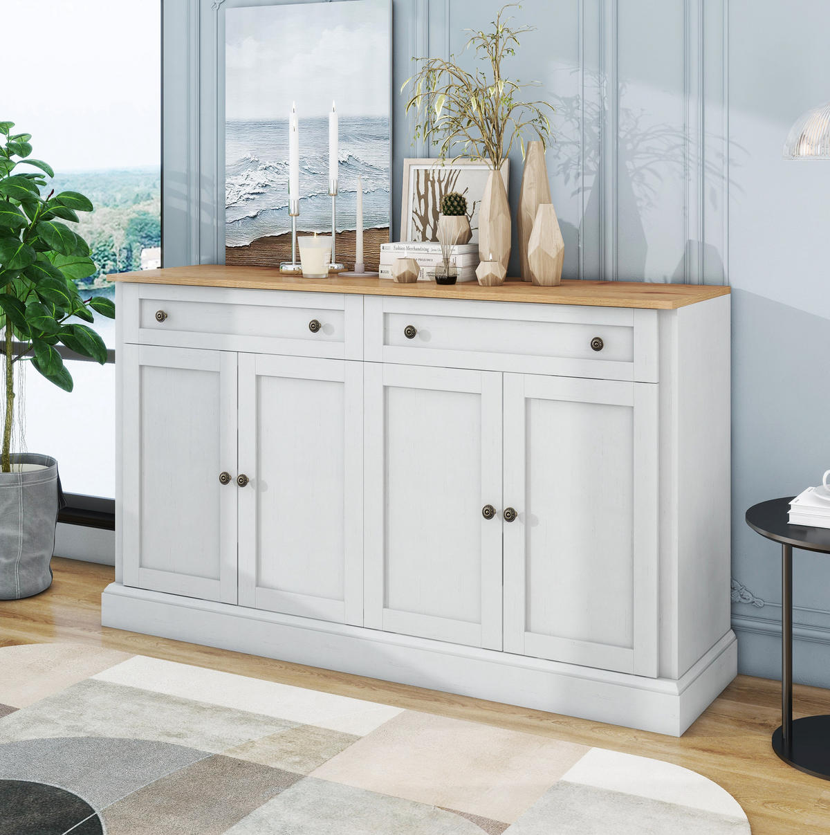SIDEBOARD 150/40/86 cm mit 4 Türen, 2 Schubladen und verstellbaren Einlegeböden, Weiß/Naturholz - Naturfarben, Holzwerkstoff (150/86/40cm) - Redom